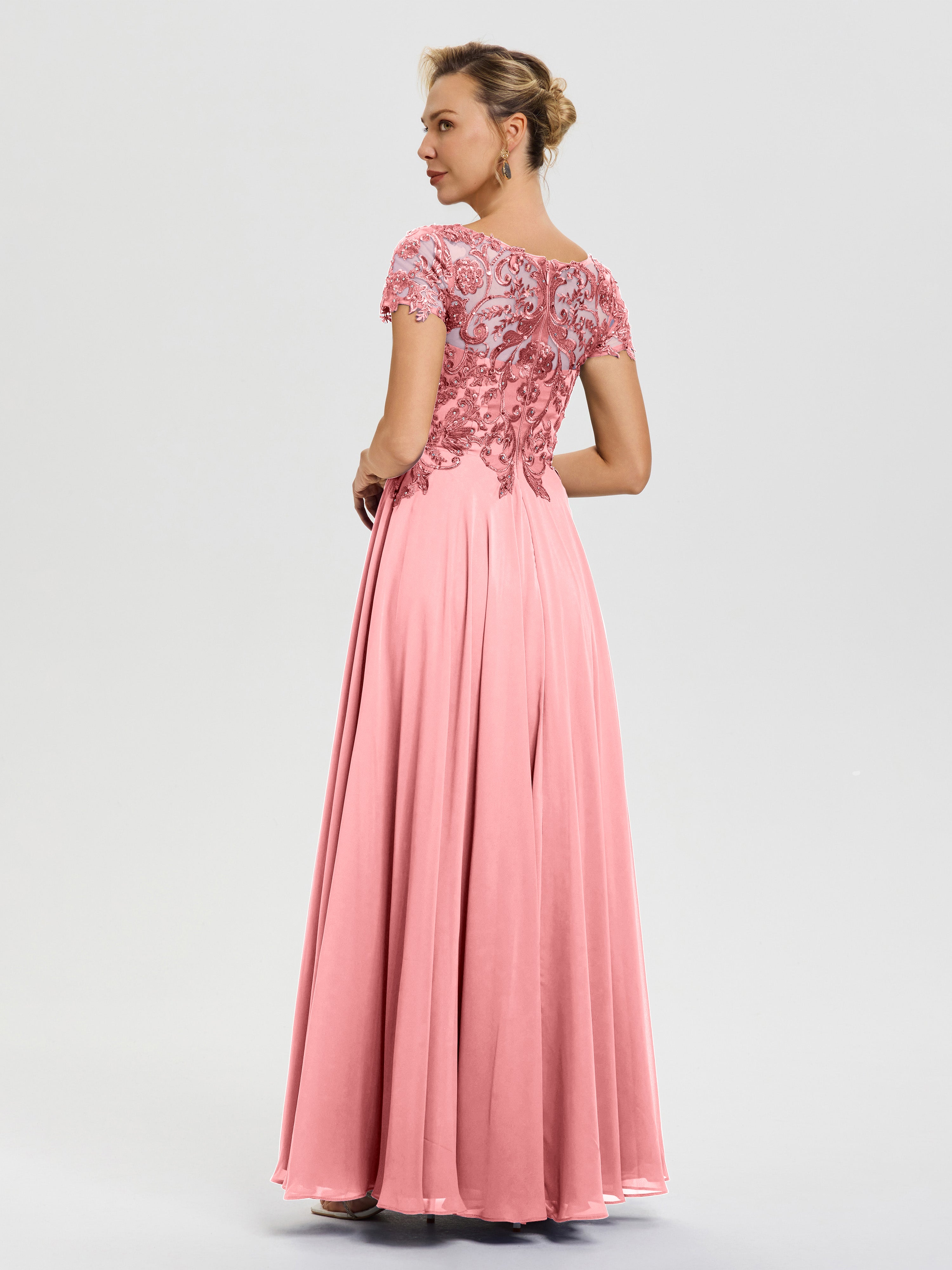 Robe Mariage Mère Du Marié Flamant Col V Mousseline & Dentelle Robe Mère De La Mariée Moderne