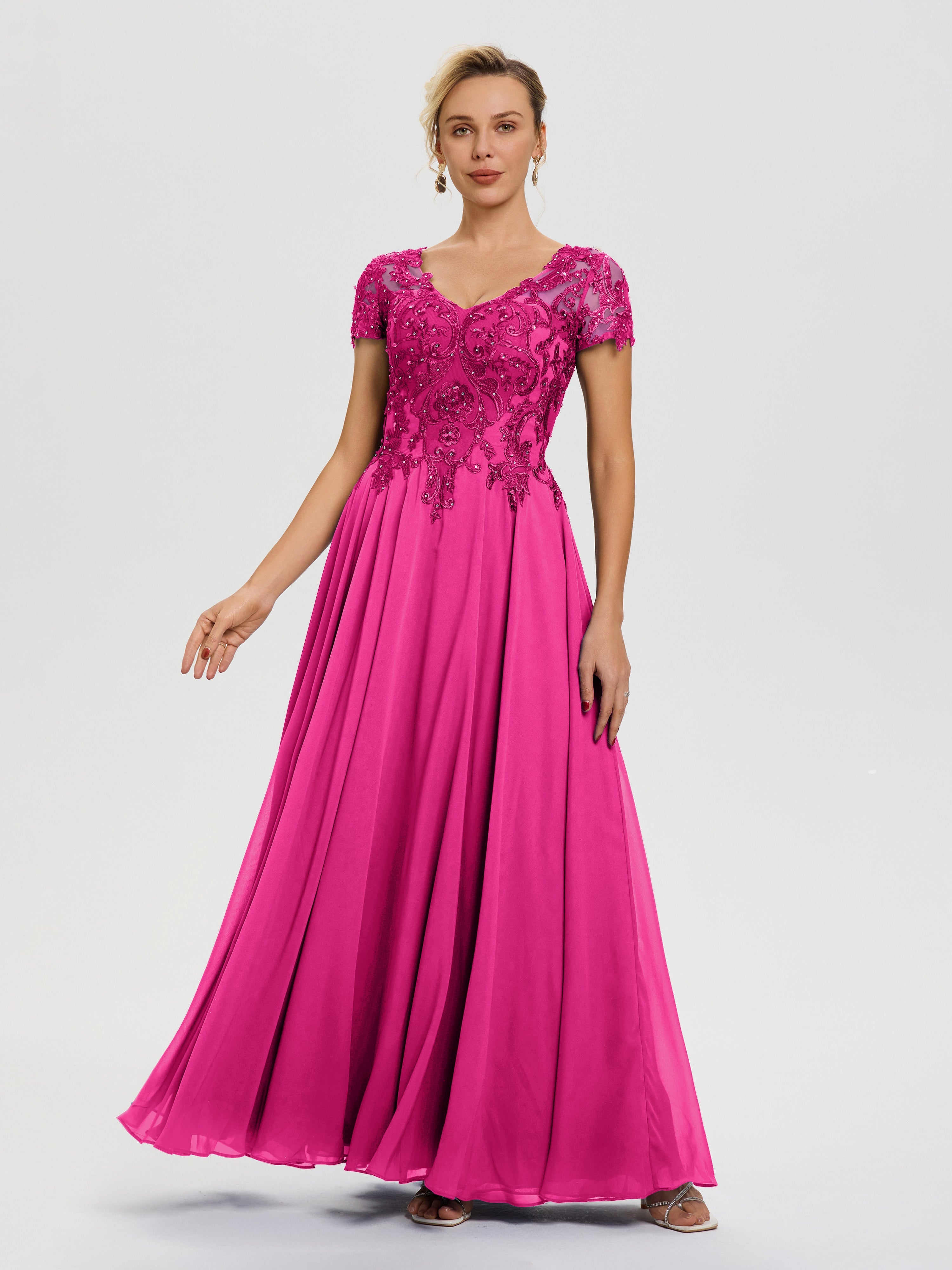 Robe Pour Mère De La Mariée Fuchsia Col V Mousseline & Dentelle Robe Mère De La Mariée Moderne