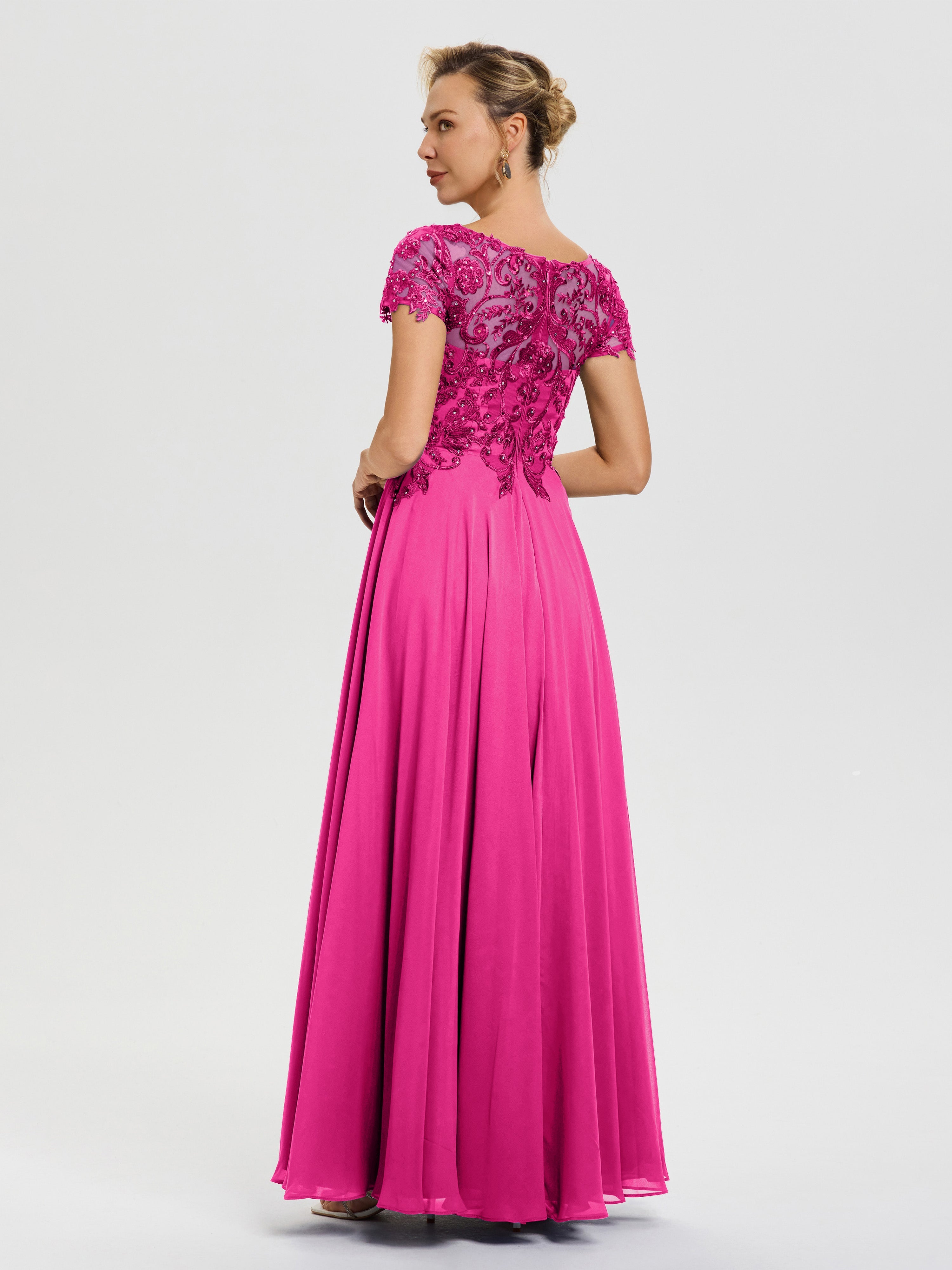 Robe Pour Mère De La Mariée Fuchsia Col V Mousseline & Dentelle Robe Mère De La Mariée Moderne