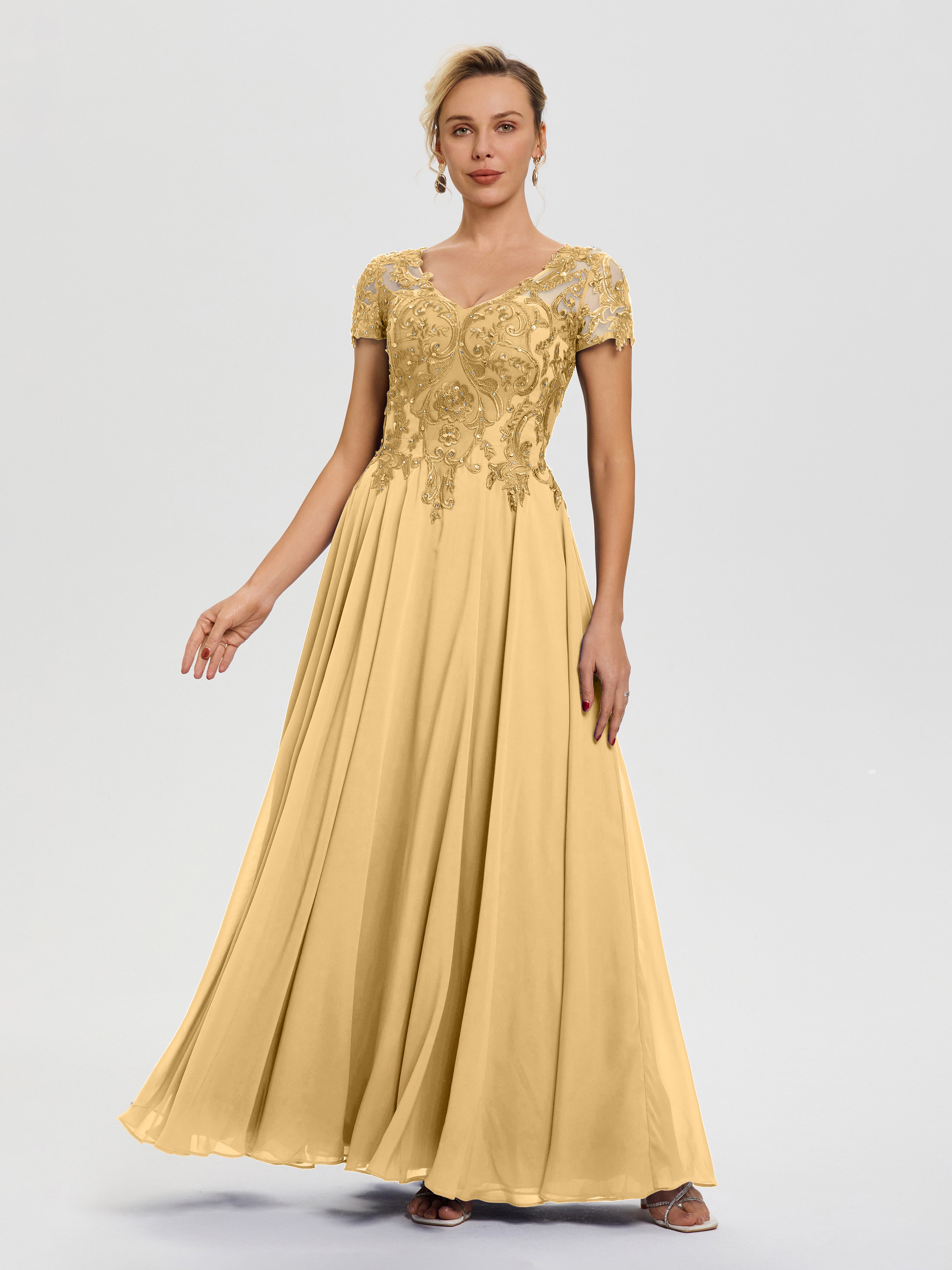 Robe Pour Mère De La Mariée Or Col V Mousseline & Dentelle Robe Mère De La Mariée Moderne