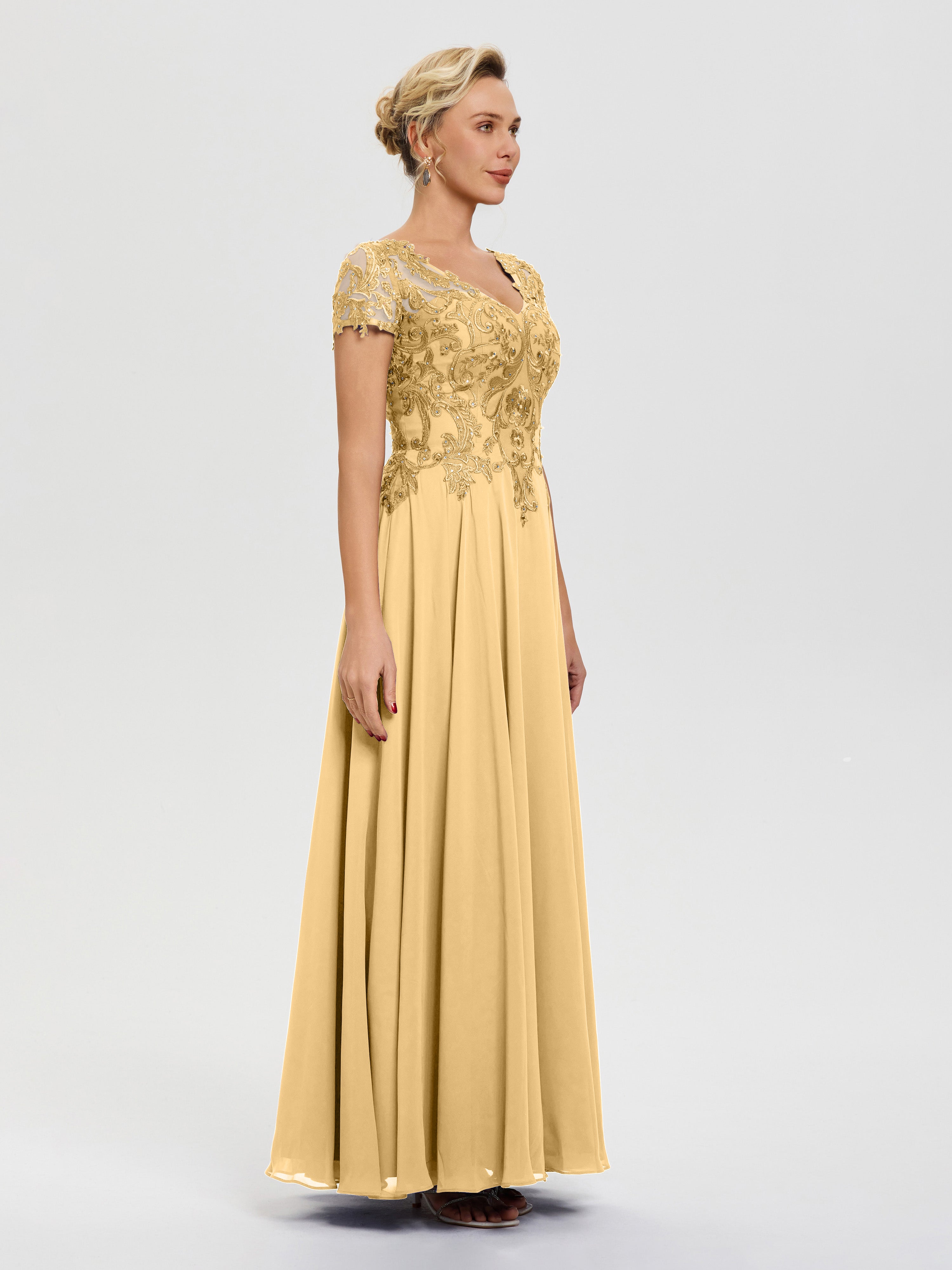 Robe Pour Mère De La Mariée Or Col V Mousseline & Dentelle Robe Mère De La Mariée Moderne