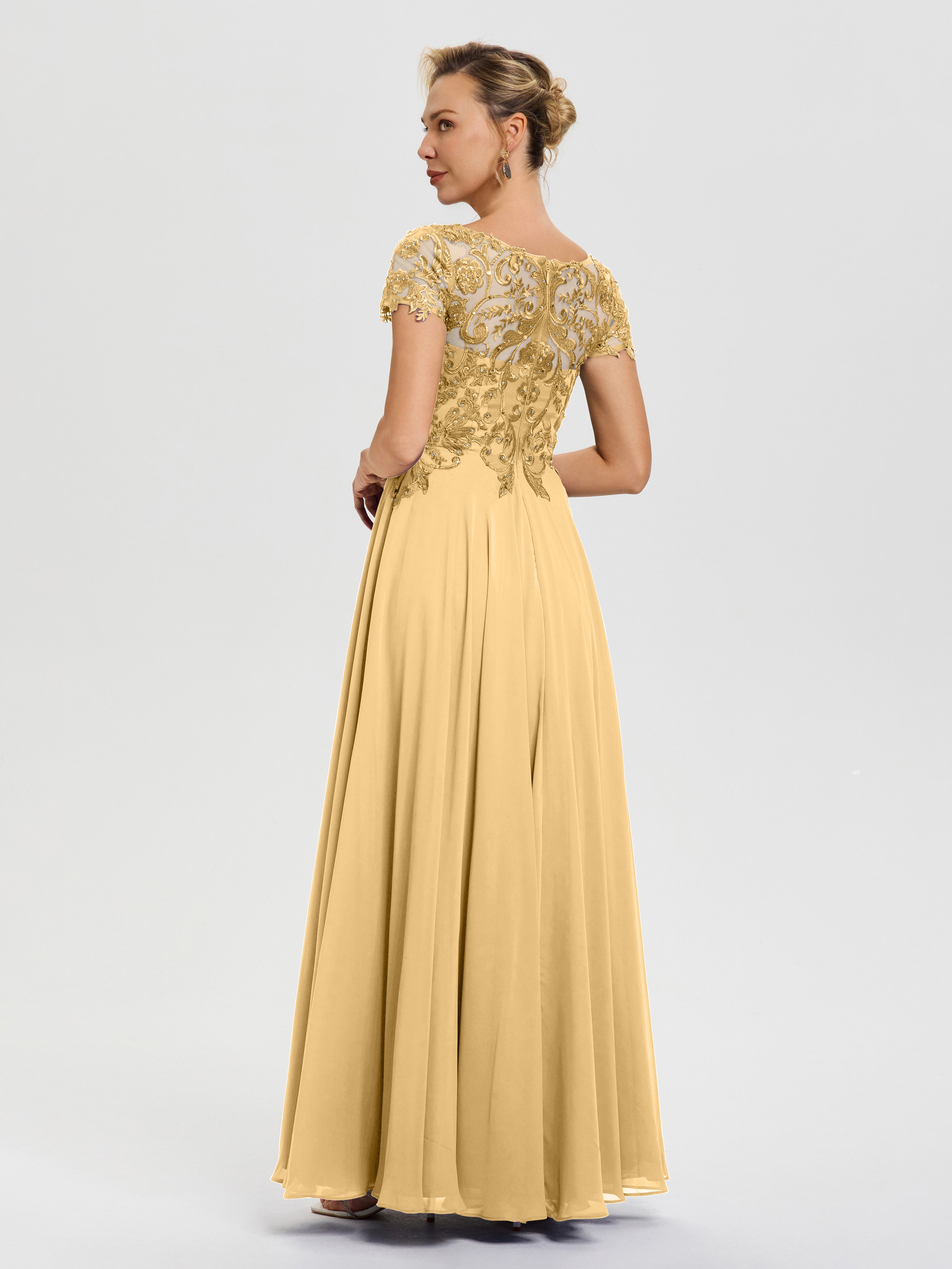 Robe Pour Mère De La Mariée Or Col V Mousseline & Dentelle Robe Mère De La Mariée Moderne