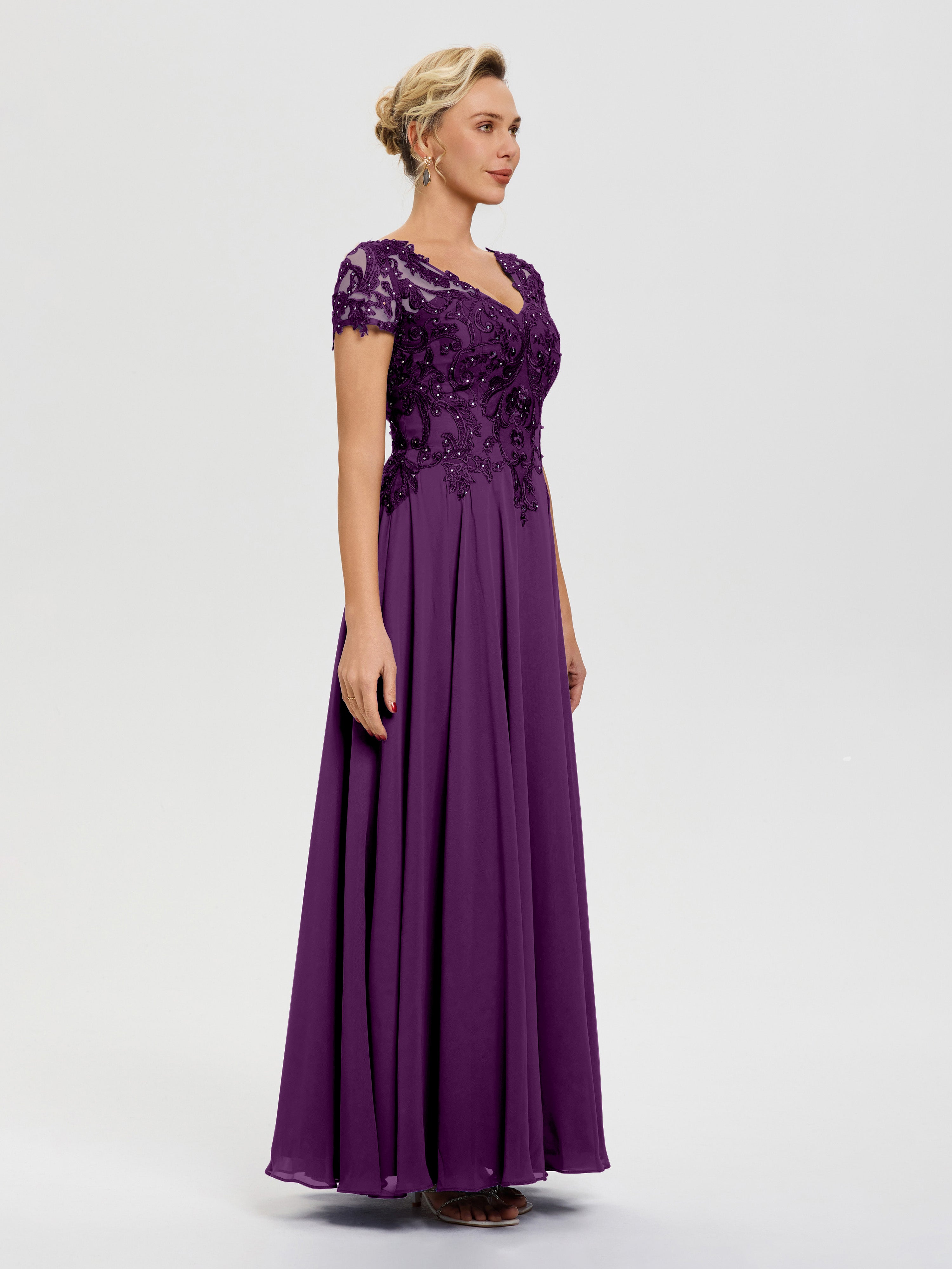 Robe Pour Mère De Mariée Raisin Col V Mousseline & Dentelle Robe Mère De La Mariée Moderne