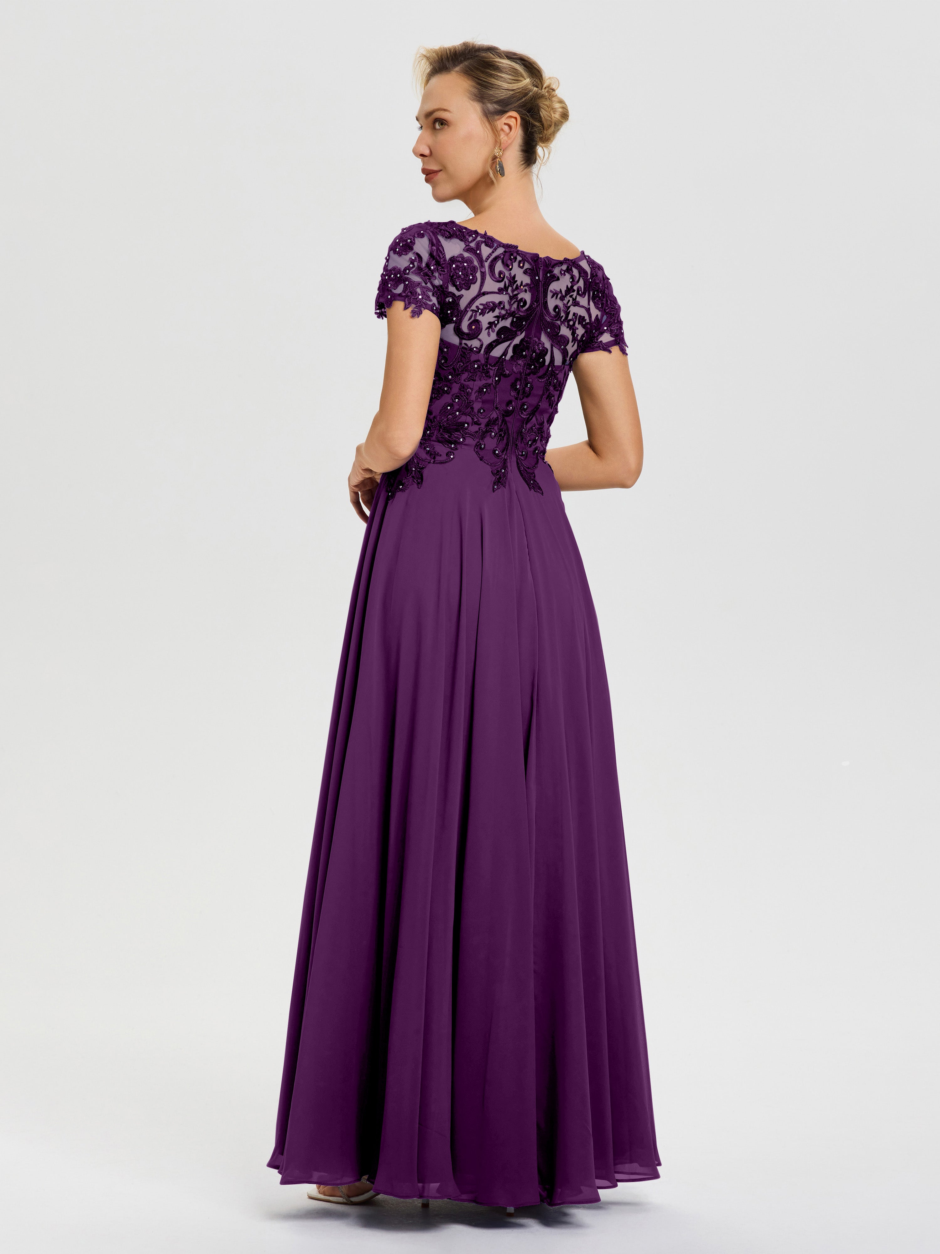 Robe Pour Mère De Mariée Raisin Col V Mousseline & Dentelle Robe Mère De La Mariée Moderne