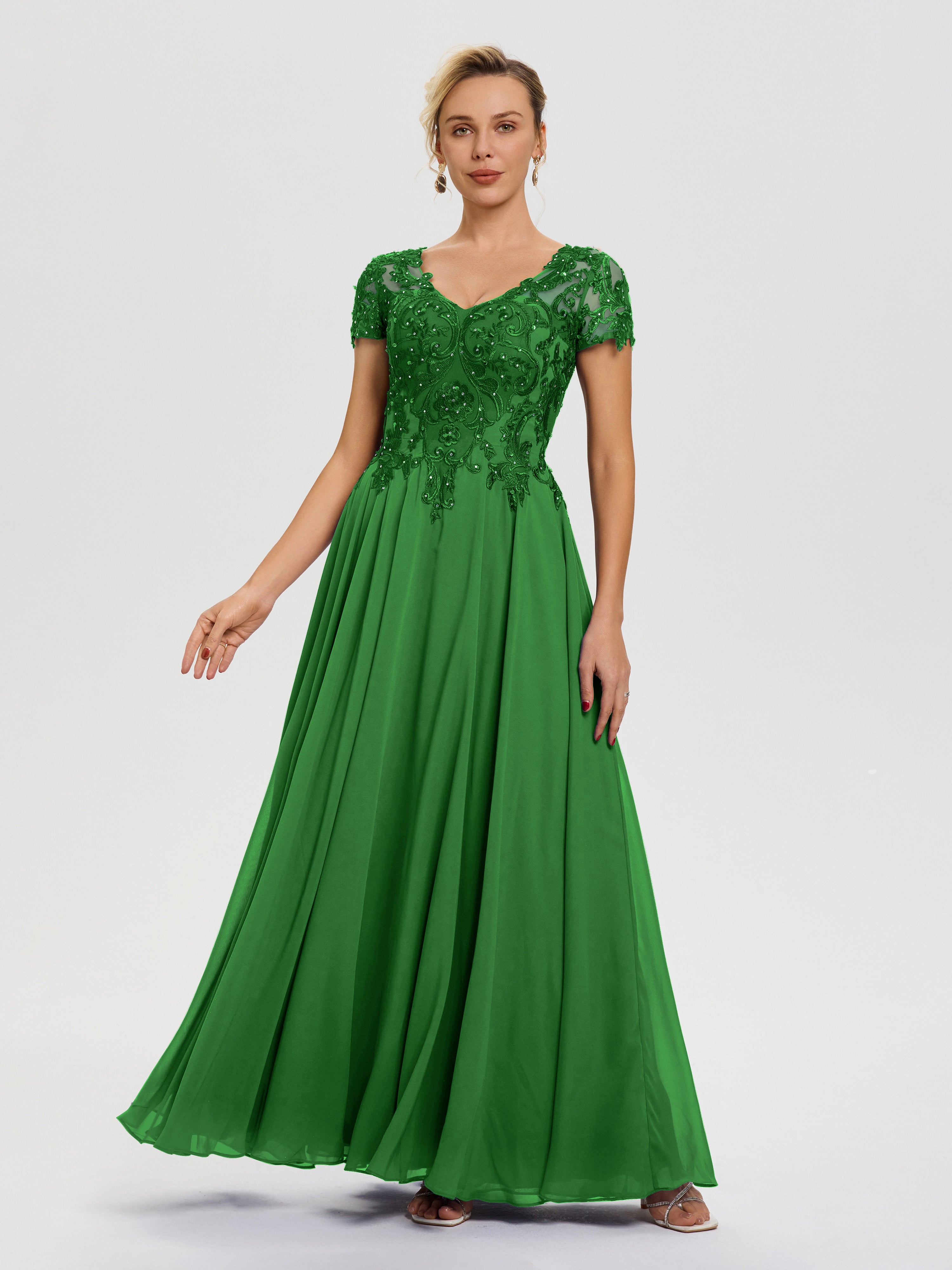 Robe Verte Mere De La Mariee Col V Mousseline & Dentelle Robe Mère De La Mariée Moderne