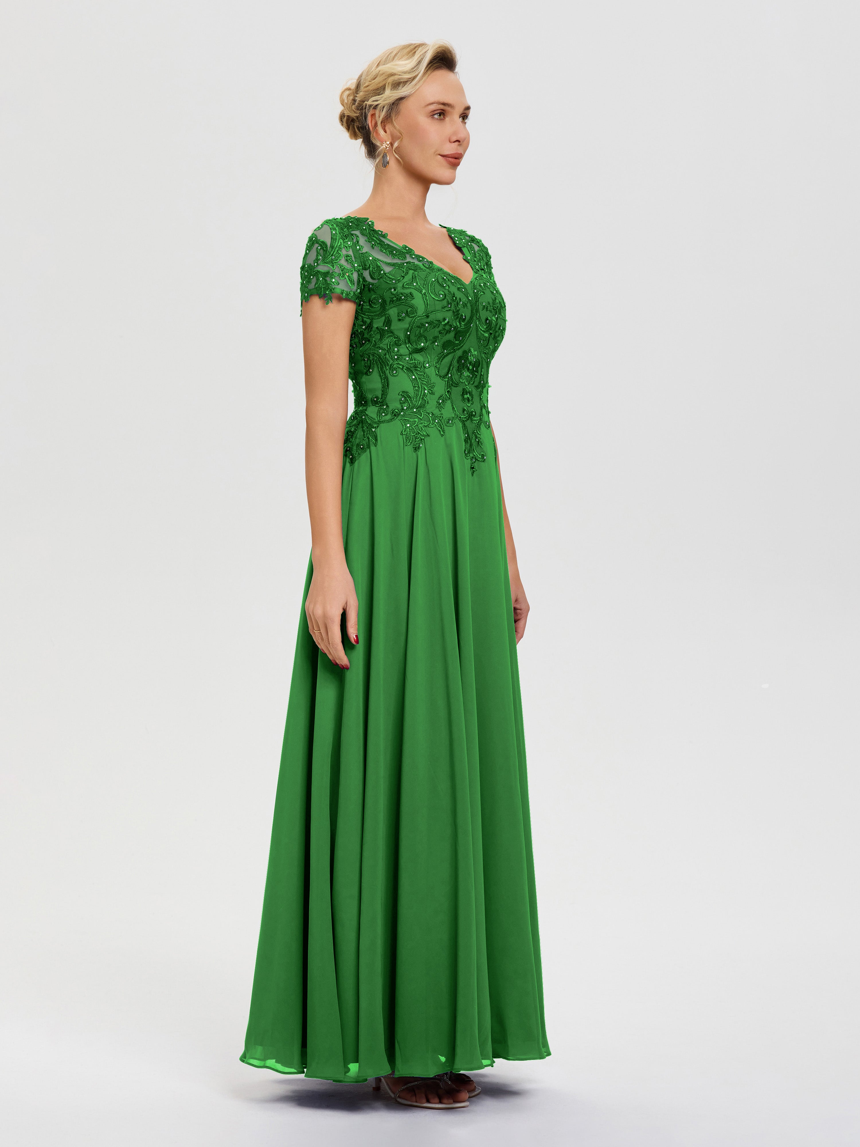 Robe Verte Mere De La Mariee Col V Mousseline & Dentelle Robe Mère De La Mariée Moderne