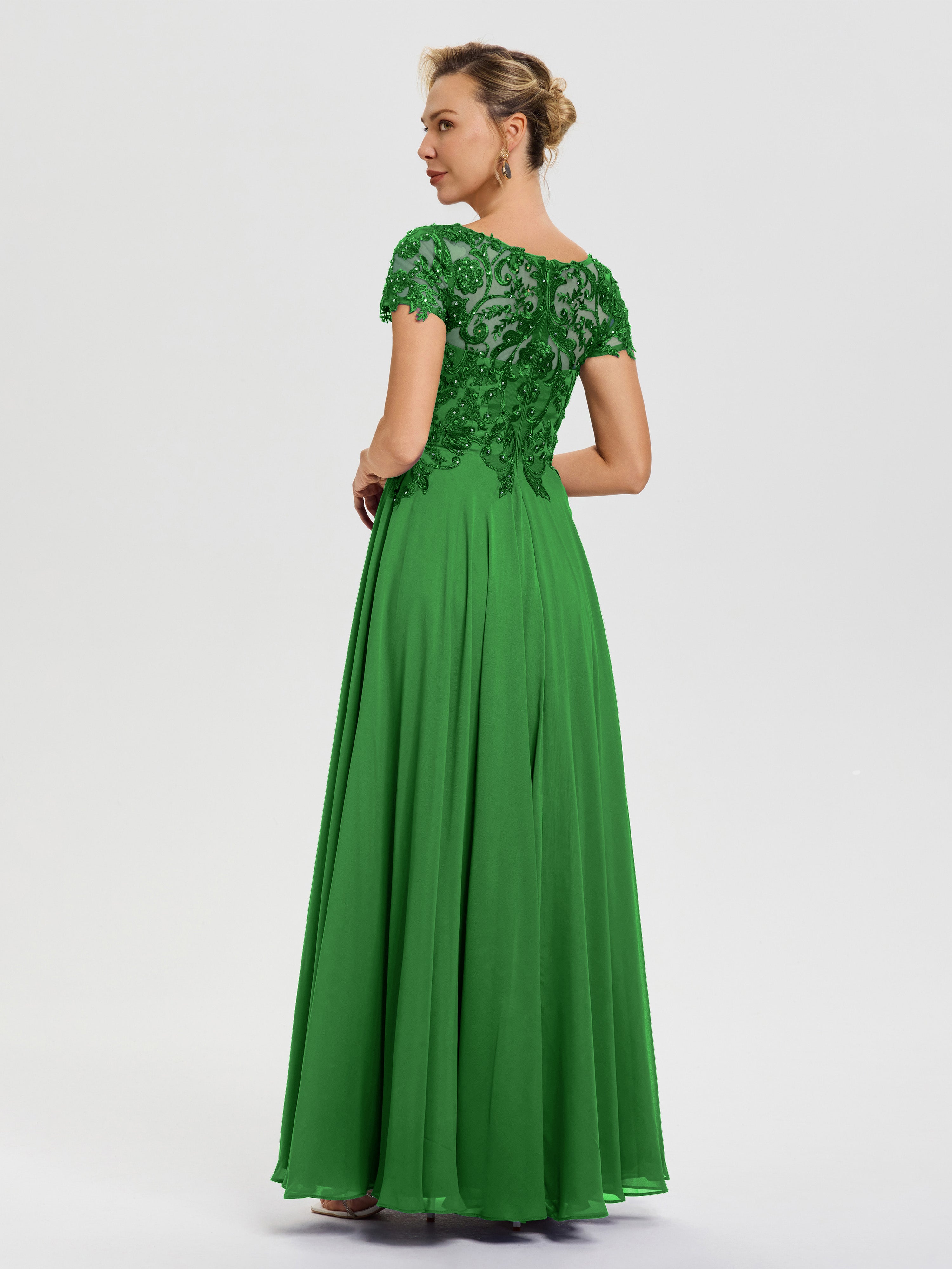 Robe Verte Mere De La Mariee Col V Mousseline & Dentelle Robe Mère De La Mariée Moderne