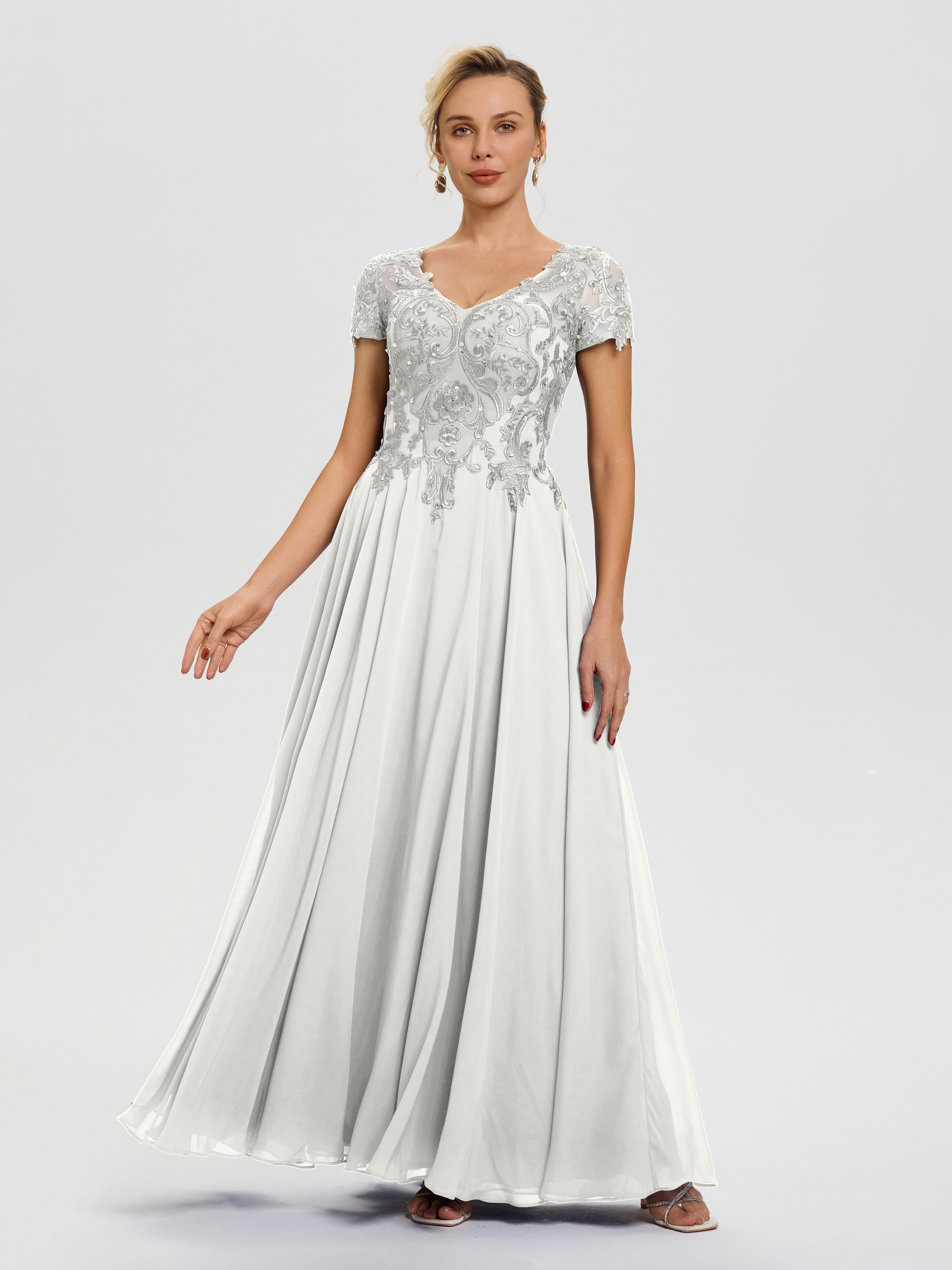 Robe Pour Mère De La Mariée Ivoire Col V Mousseline & Dentelle Robe Mère De La Mariée Moderne