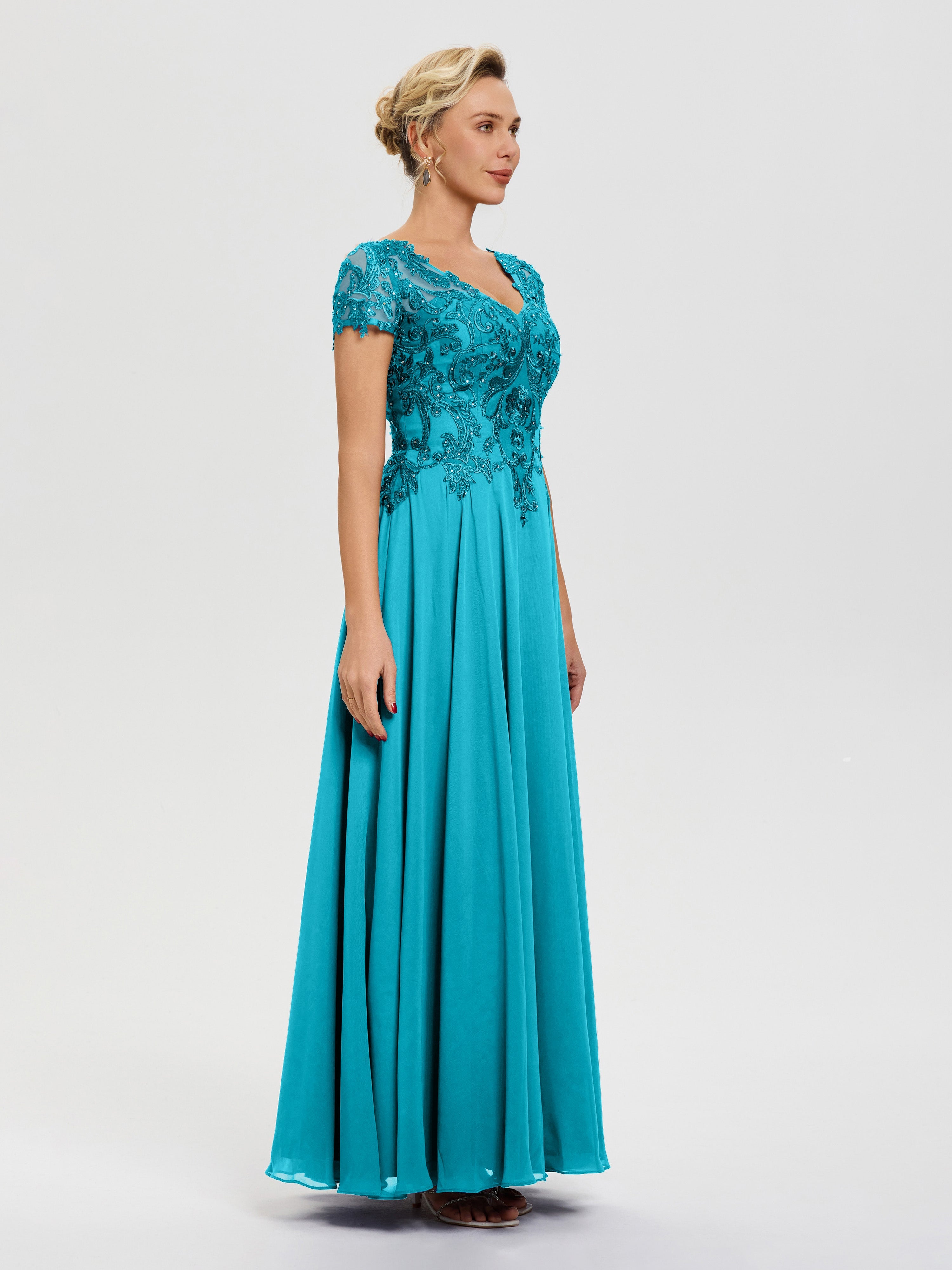 Robe Pour Mère De La Mariée Jade Col V Mousseline & Dentelle Robe Mère De La Mariée Moderne