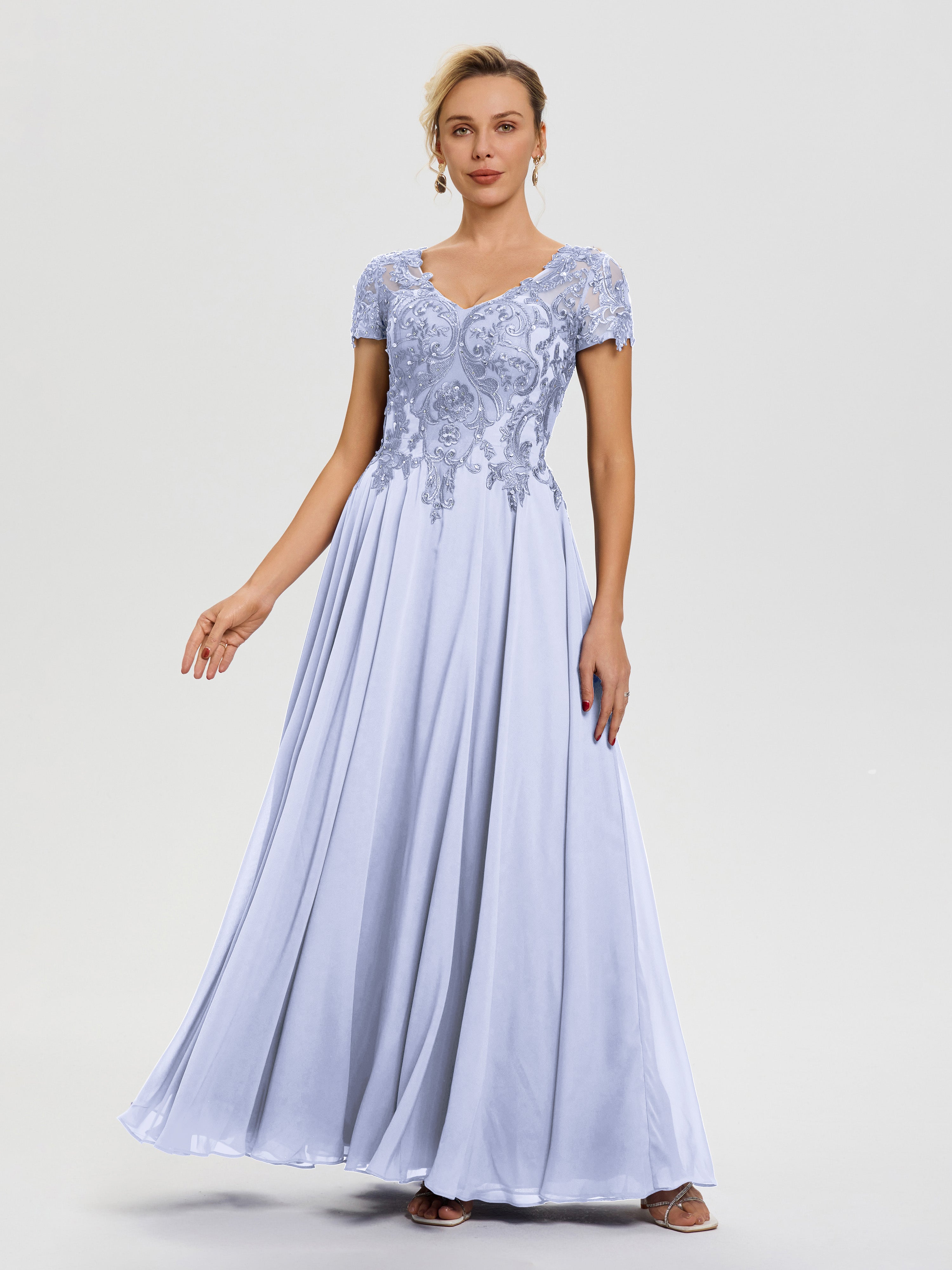 Robe Pour Mère De La Mariée Lavande Col V Mousseline & Dentelle Robe Mère De La Mariée Moderne