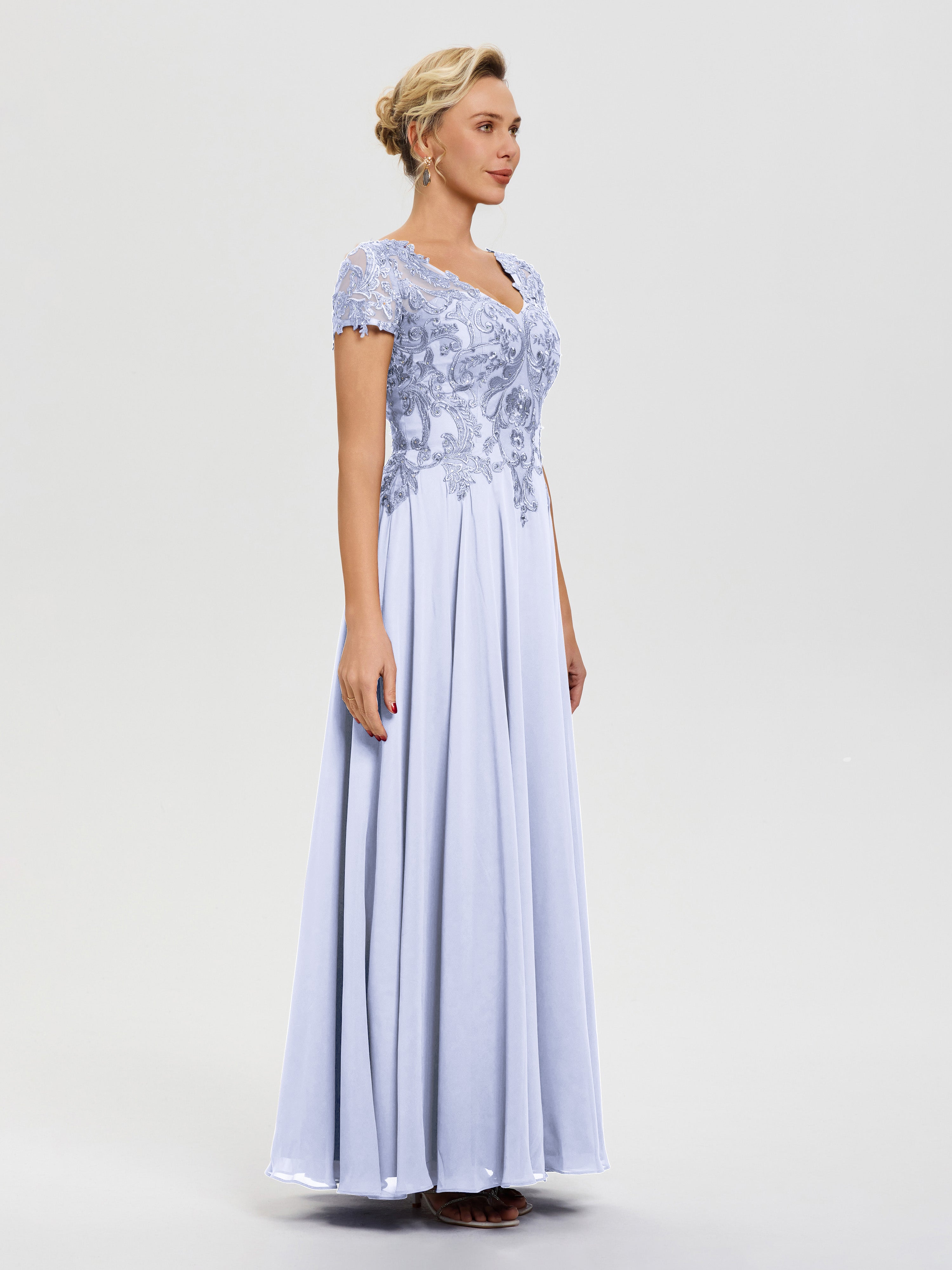 Robe Pour Mère De La Mariée Lavande Col V Mousseline & Dentelle Robe Mère De La Mariée Moderne