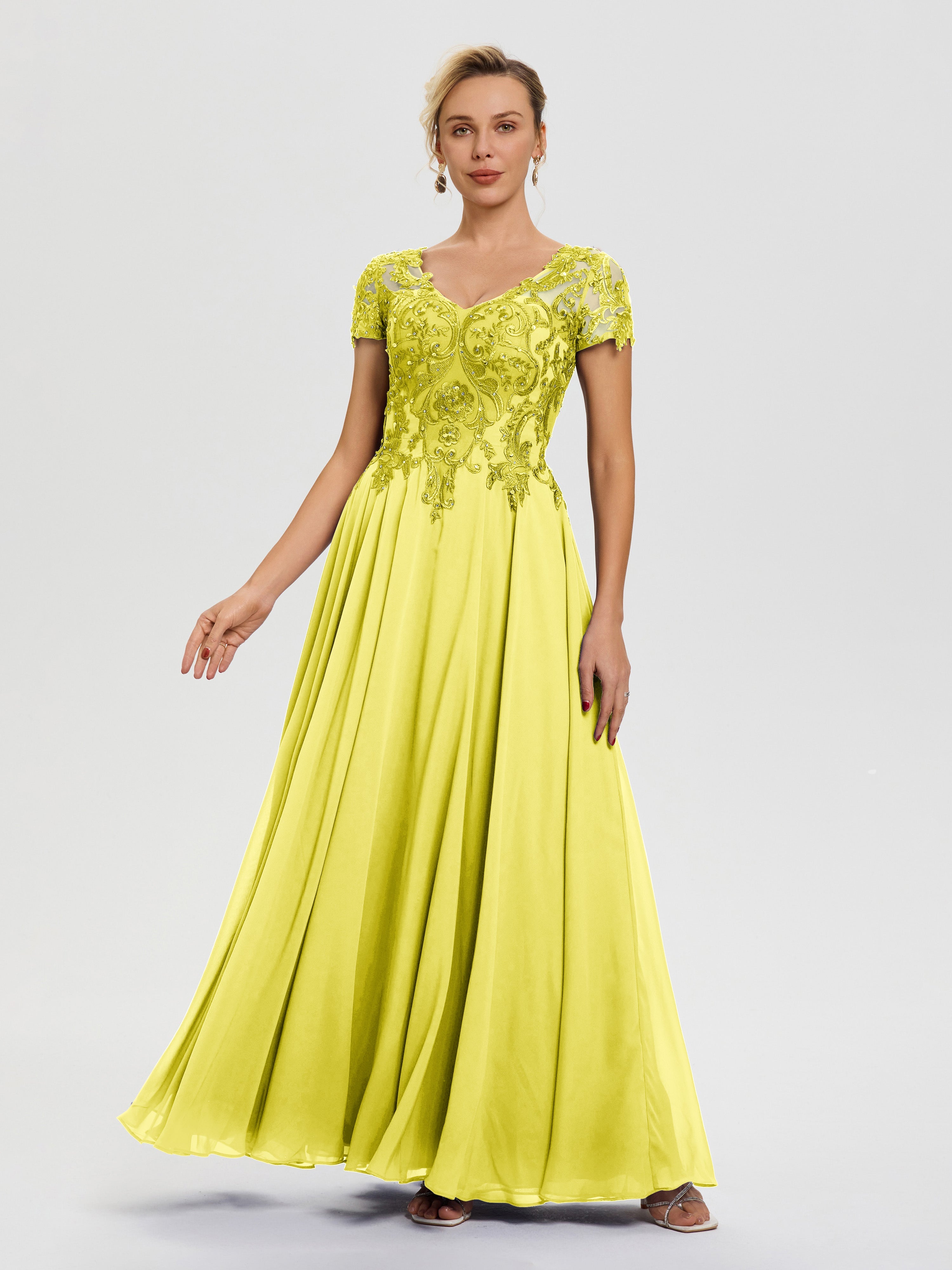 Robe Pour La Mère De La Mariée Citron Col V Mousseline & Dentelle Robe Mère De La Mariée Moderne