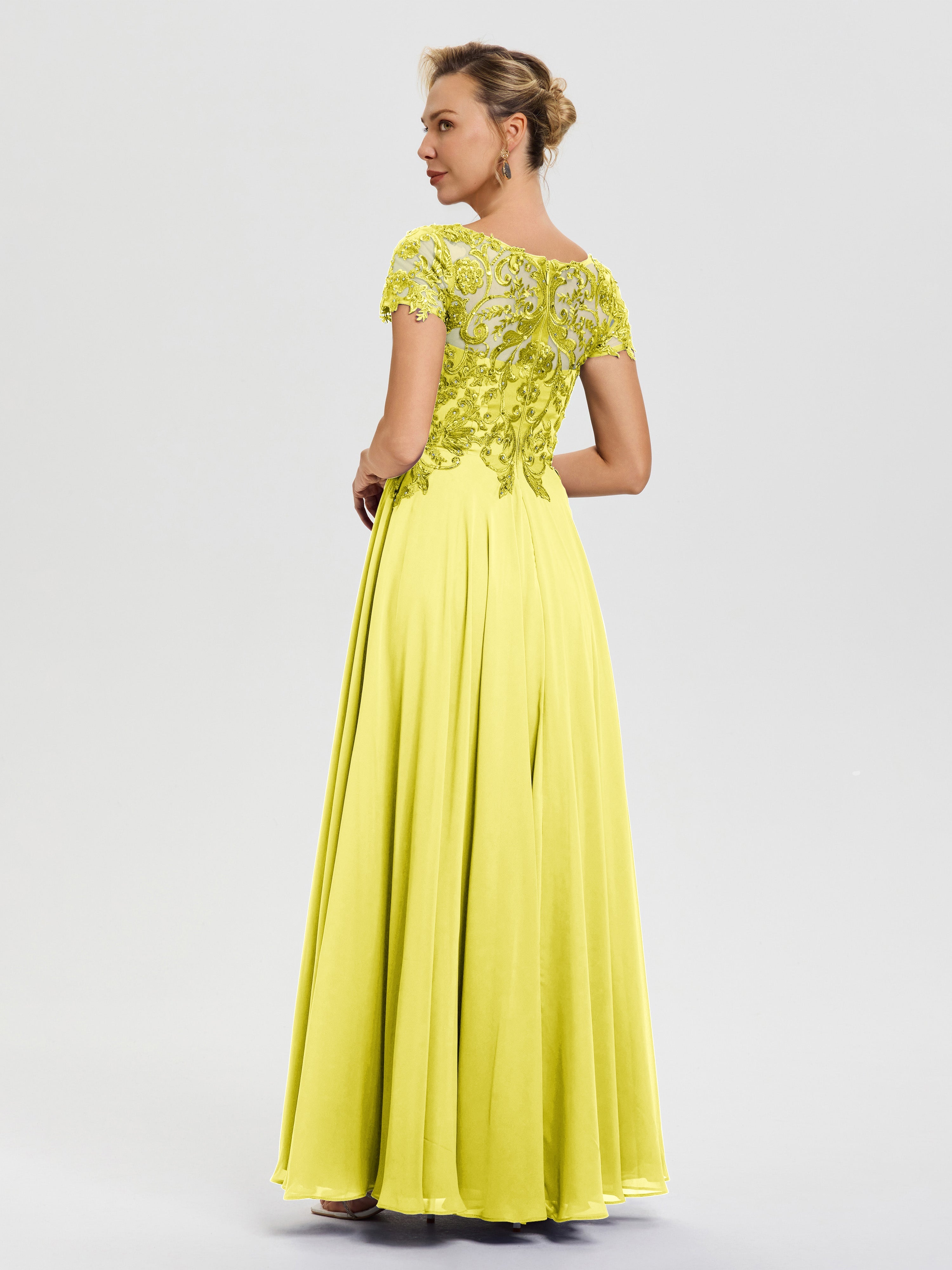 Robe Pour La Mère De La Mariée Citron Col V Mousseline & Dentelle Robe Mère De La Mariée Moderne