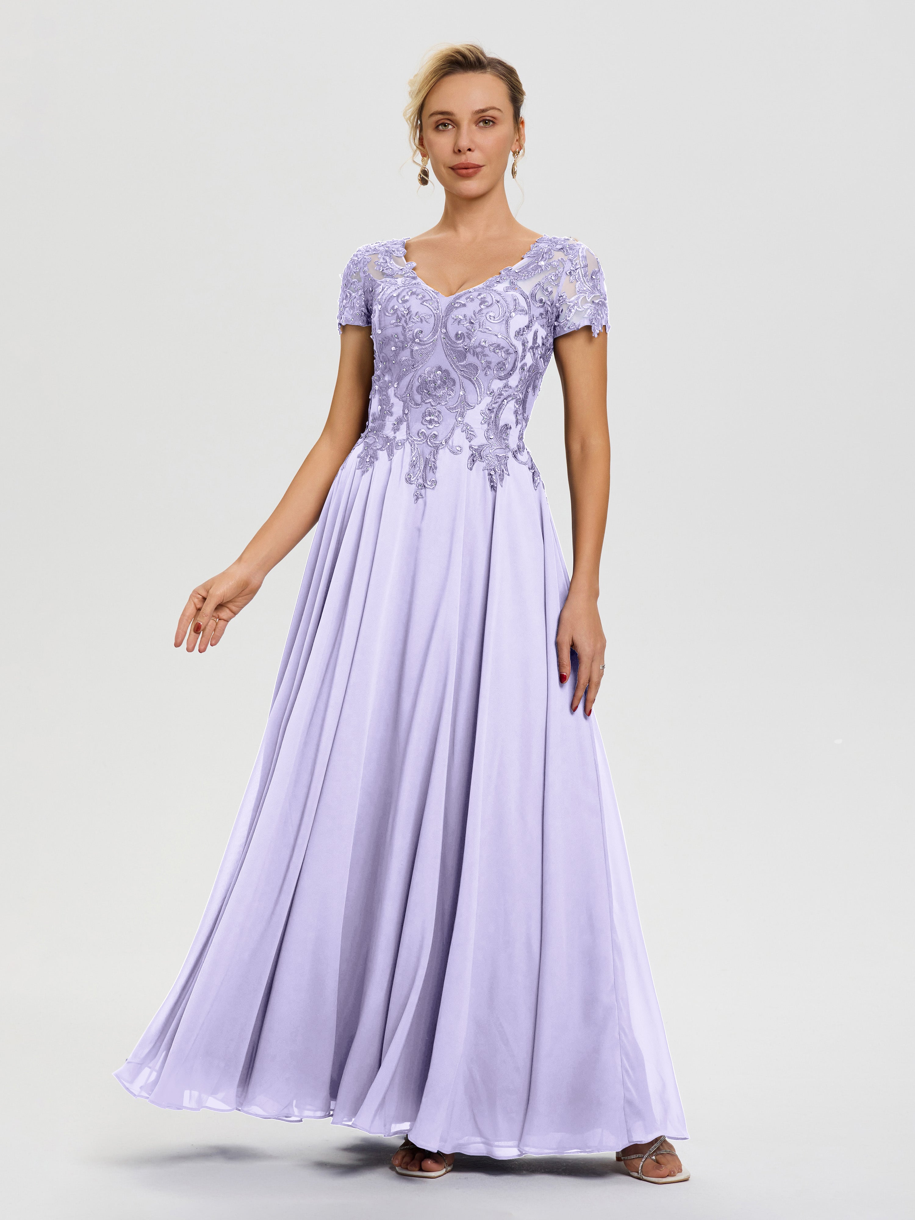 Robe Pour Mère De La Mariée Lilas Col V Mousseline & Dentelle Robe Mère De La Mariée Moderne