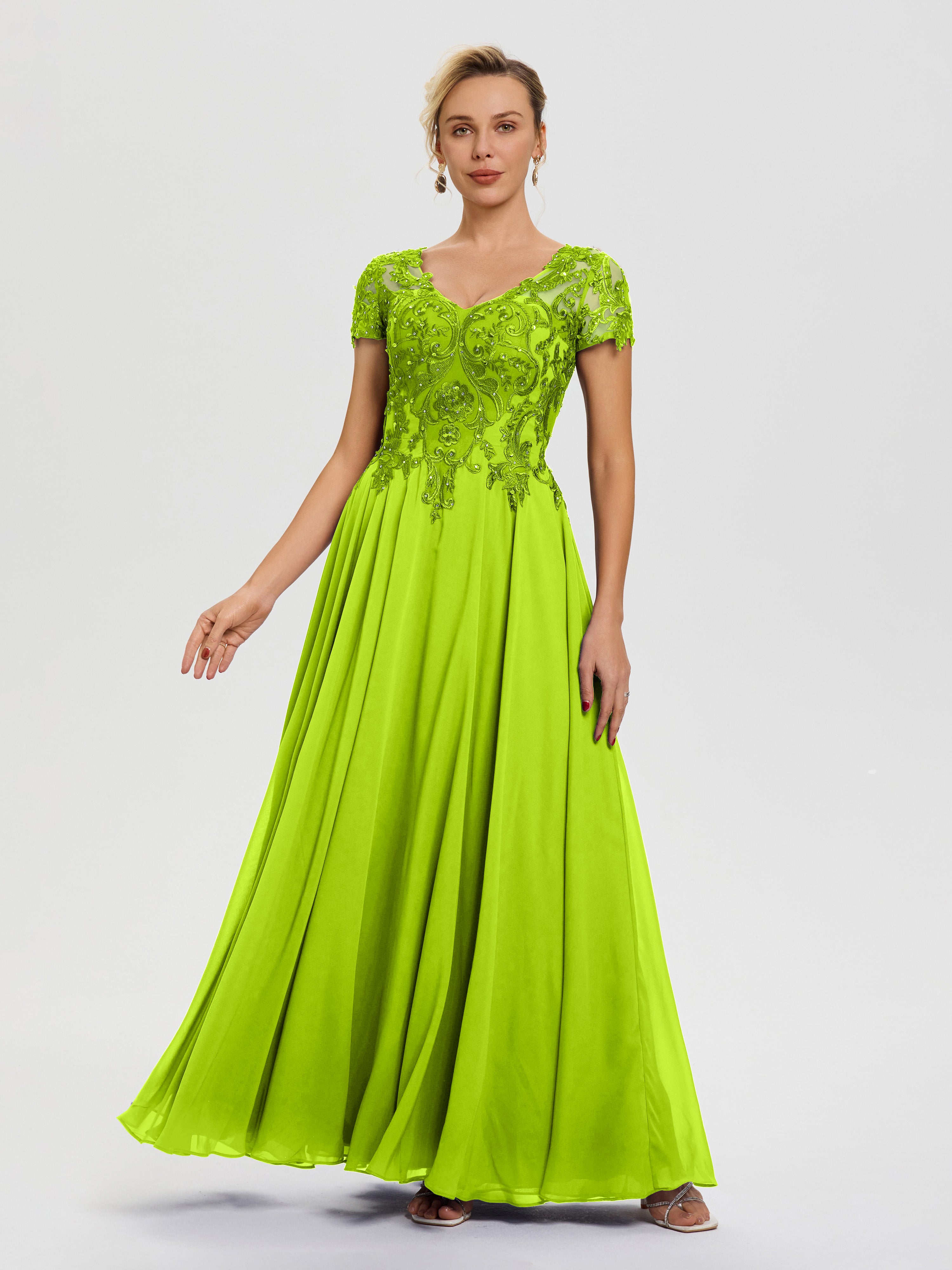 Robe Cérémonie Mère Du Marié Vert Citron Col V Mousseline & Dentelle Robe Mère De La Mariée Moderne