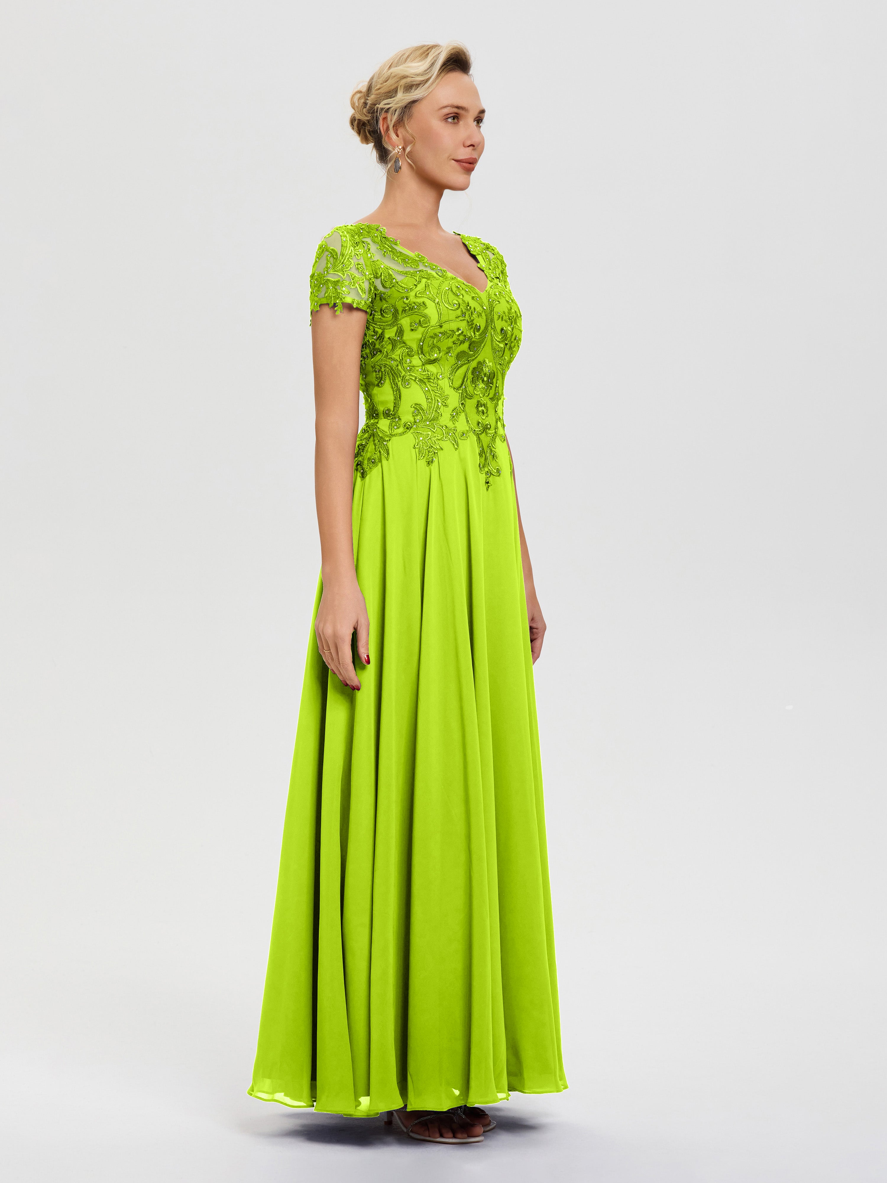 Robe Cérémonie Mère Du Marié Vert Citron Col V Mousseline & Dentelle Robe Mère De La Mariée Moderne