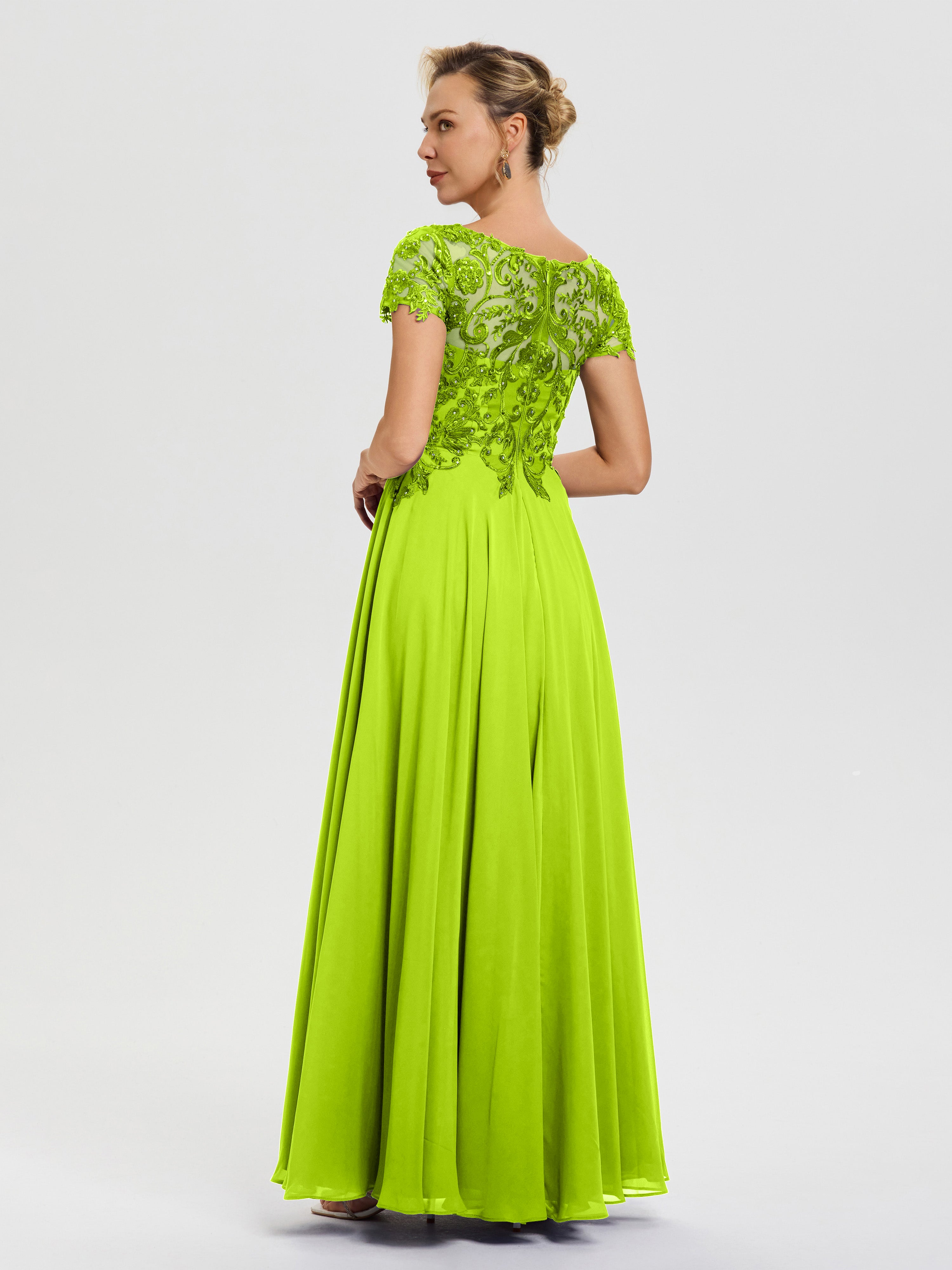 Robe Cérémonie Mère Du Marié Vert Citron Col V Mousseline & Dentelle Robe Mère De La Mariée Moderne