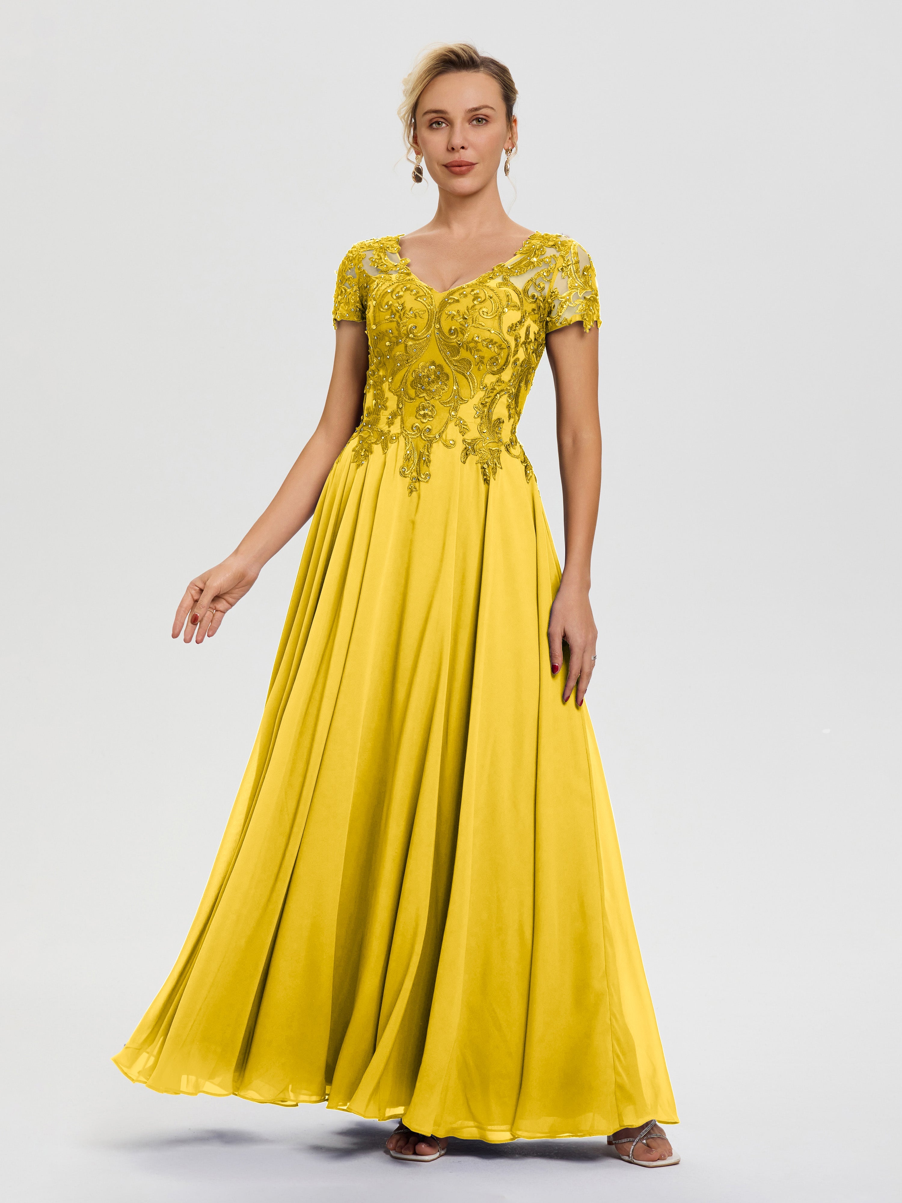 Robe Cérémonie Mère Du Marié Souci Col V Mousseline & Dentelle Robe Mère De La Mariée Moderne