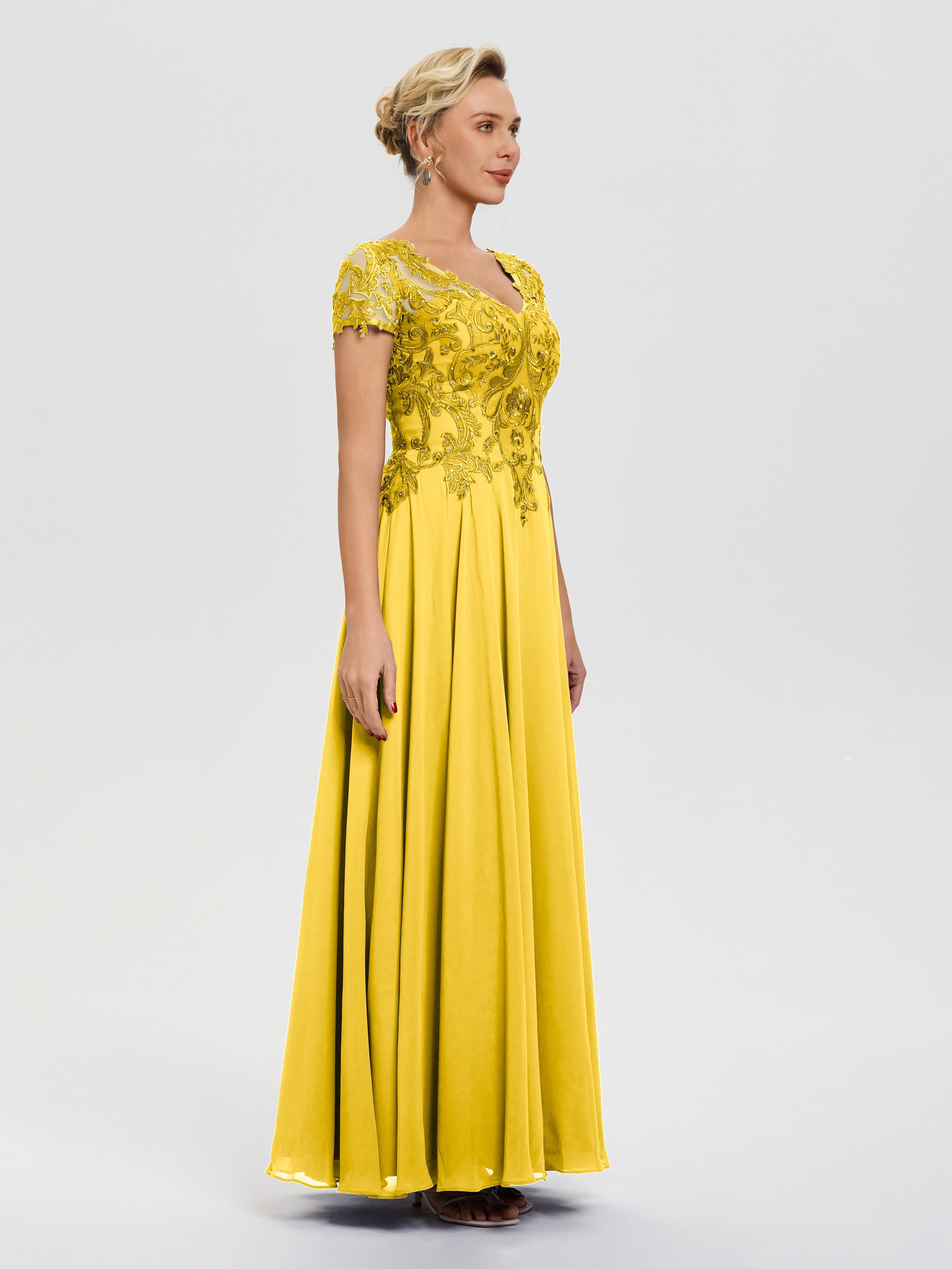 Robe Cérémonie Mère Du Marié Souci Col V Mousseline & Dentelle Robe Mère De La Mariée Moderne