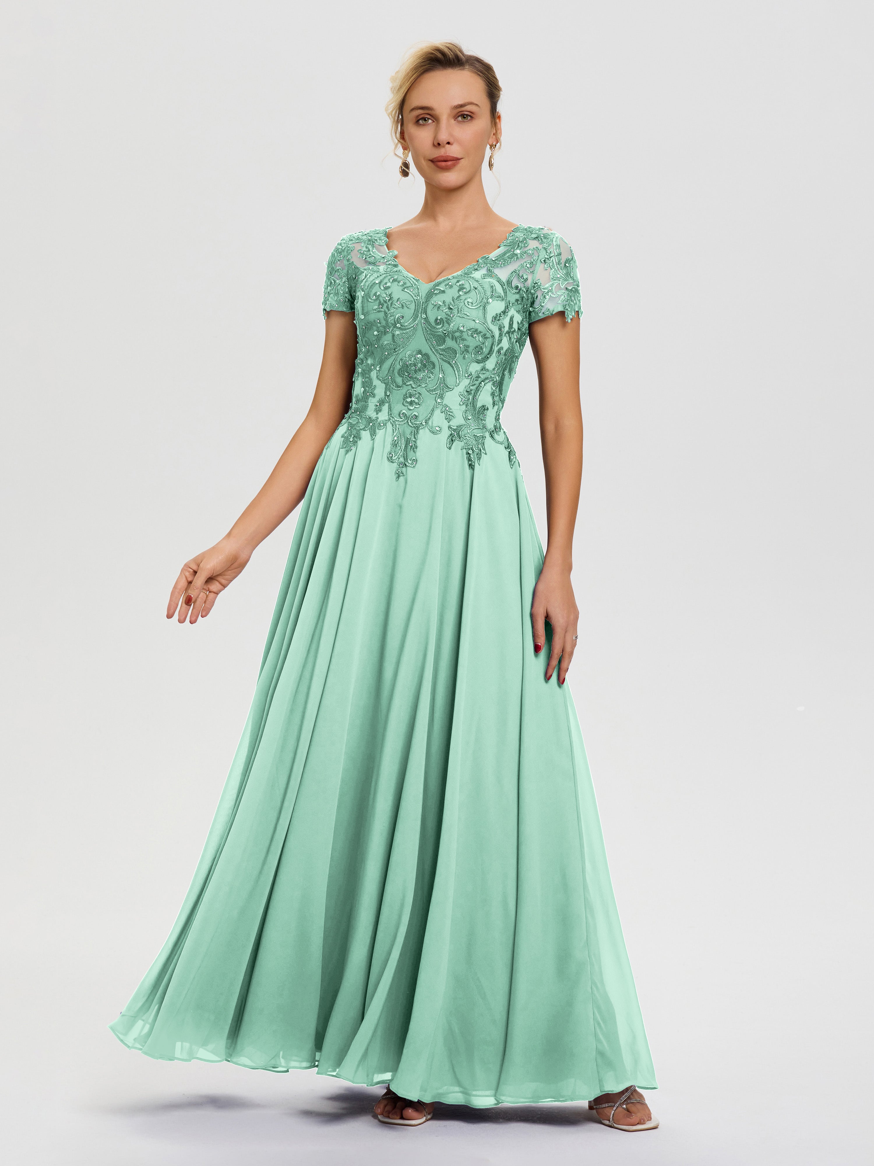 Robe Cérémonie Mère Du Marié Vert Menthe Col V Mousseline & Dentelle Robe Mère De La Mariée Moderne