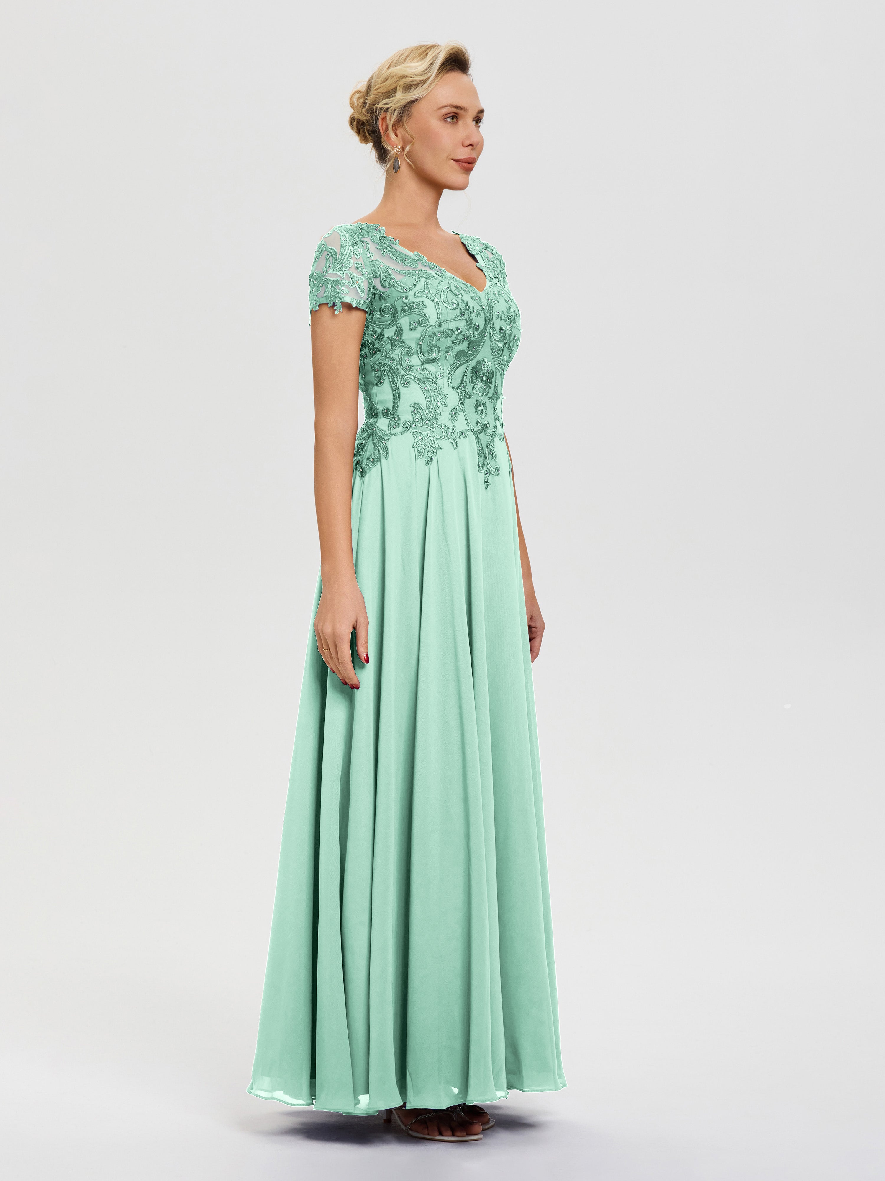 Robe Cérémonie Mère Du Marié Vert Menthe Col V Mousseline & Dentelle Robe Mère De La Mariée Moderne