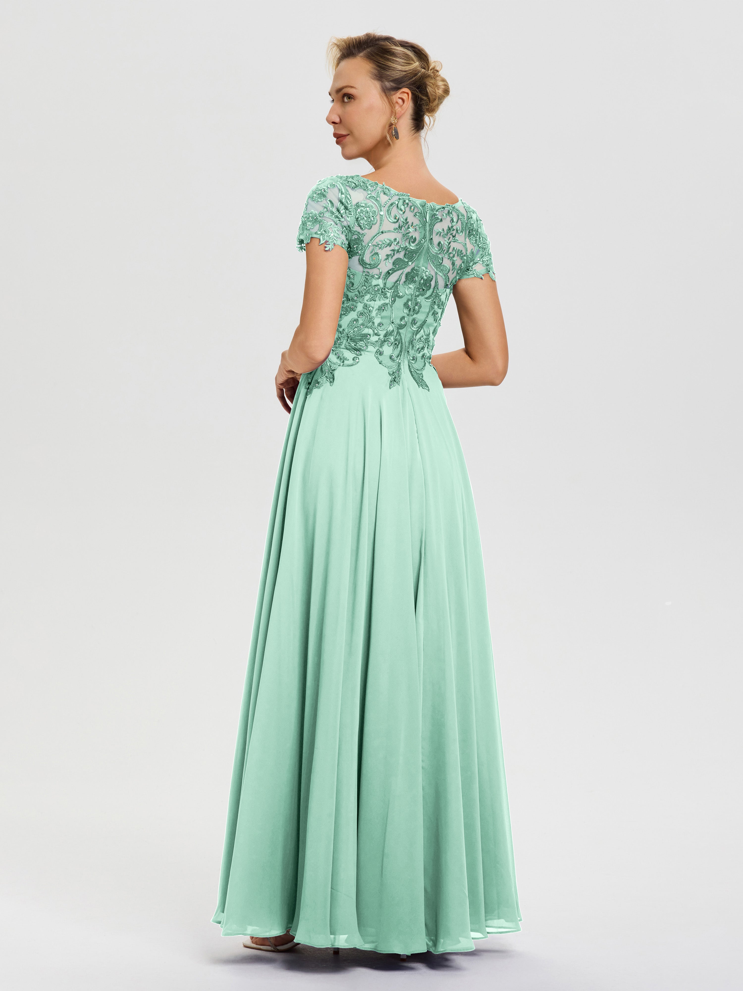 Robe Cérémonie Mère Du Marié Vert Menthe Col V Mousseline & Dentelle Robe Mère De La Mariée Moderne