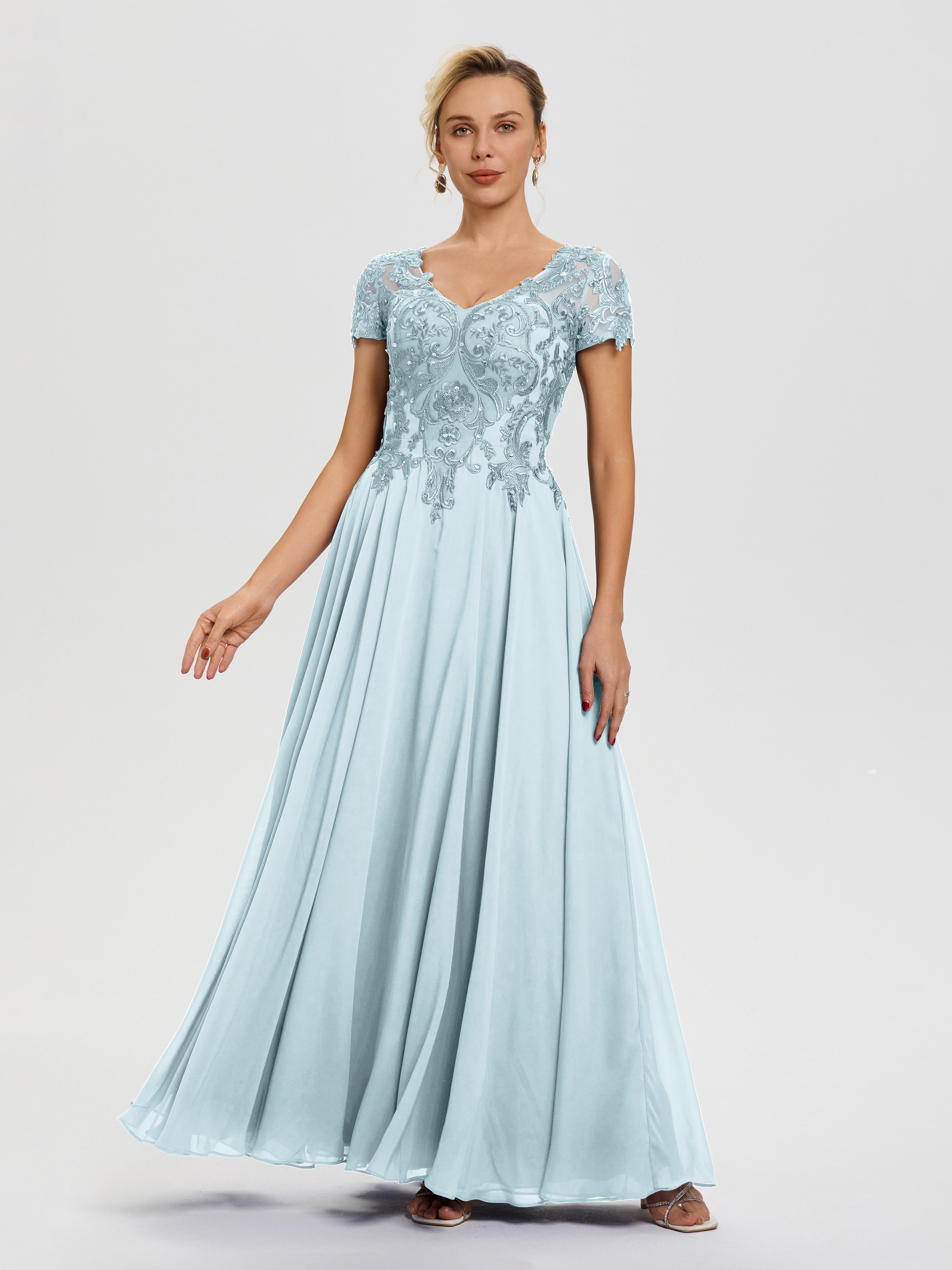 Robe Mère De La Mariée Brume Col V Mousseline & Dentelle Robe Mère De La Mariée Moderne