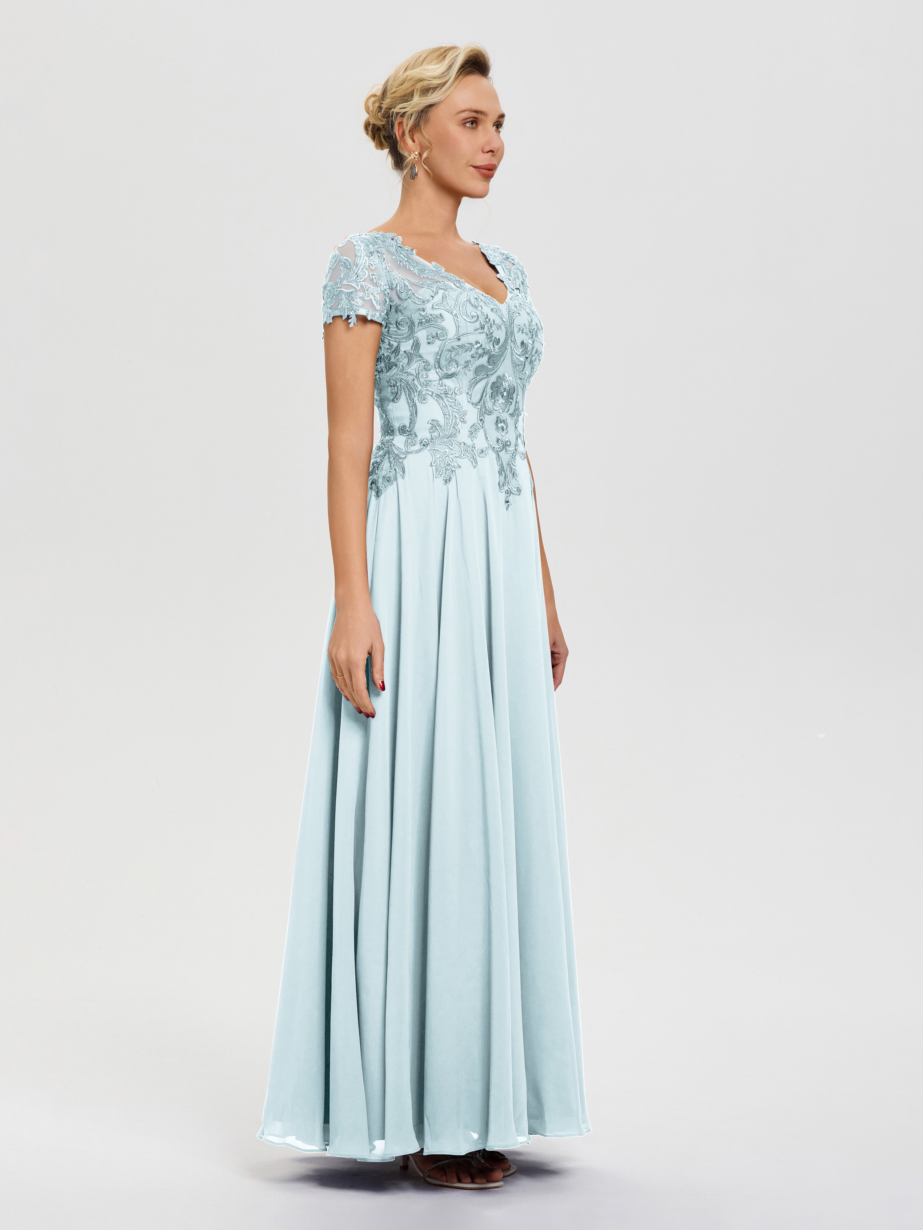 Robe Mère De La Mariée Brume Col V Mousseline & Dentelle Robe Mère De La Mariée Moderne