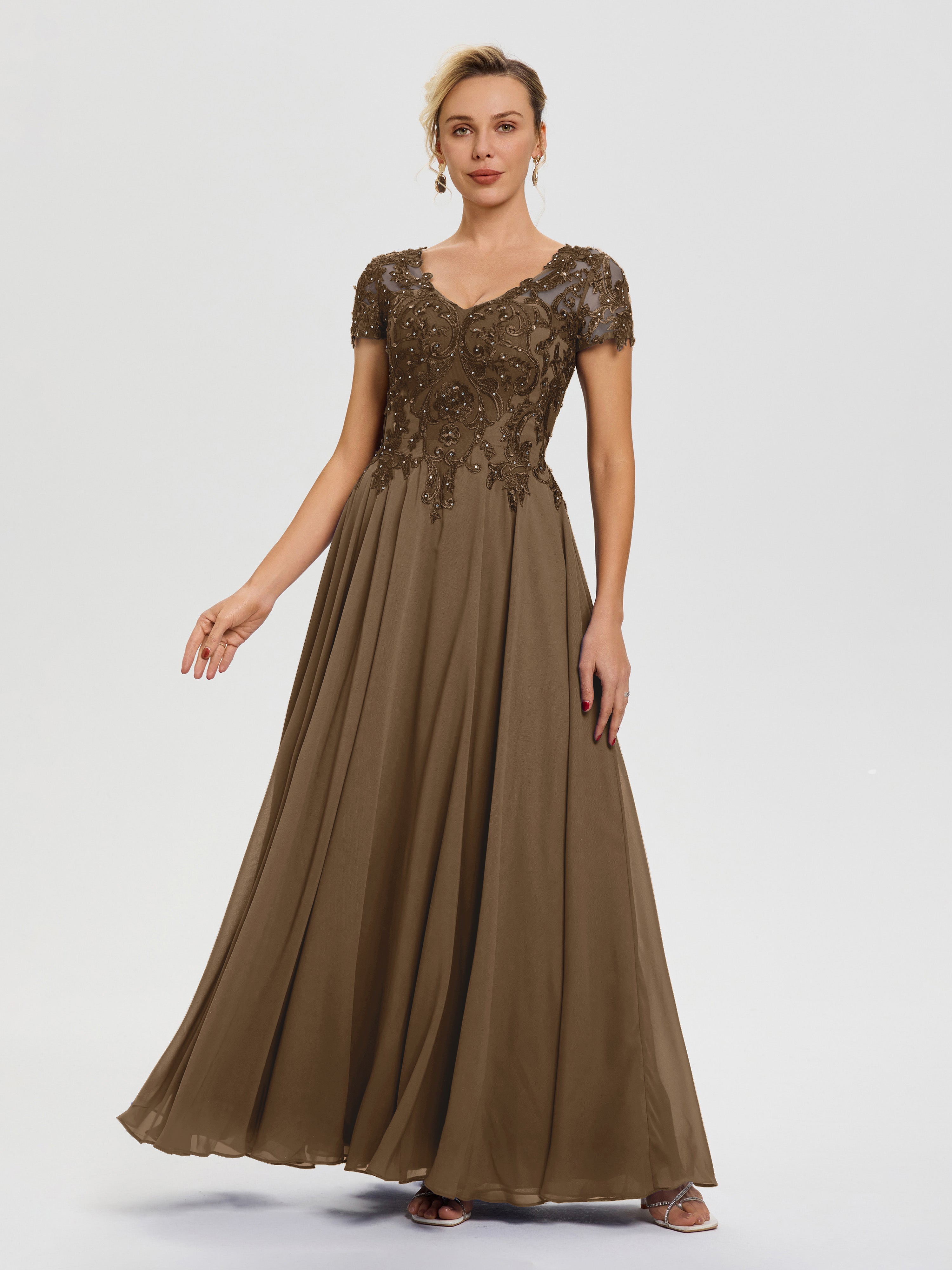 Robe Mariage Mère Du Marié Moka Col V Mousseline & Dentelle Robe Mère De La Mariée Moderne