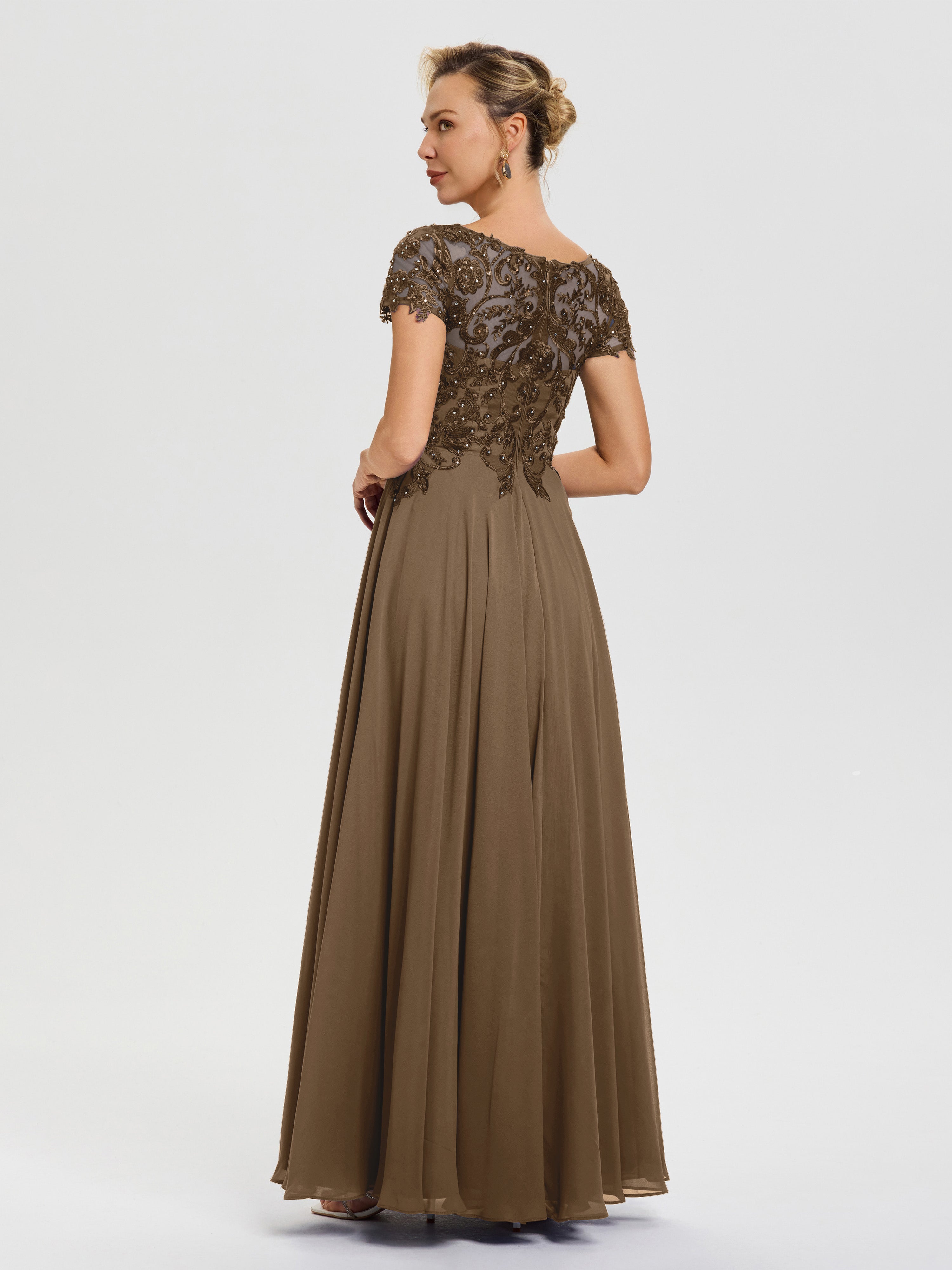 Robe Mariage Mère Du Marié Moka Col V Mousseline & Dentelle Robe Mère De La Mariée Moderne