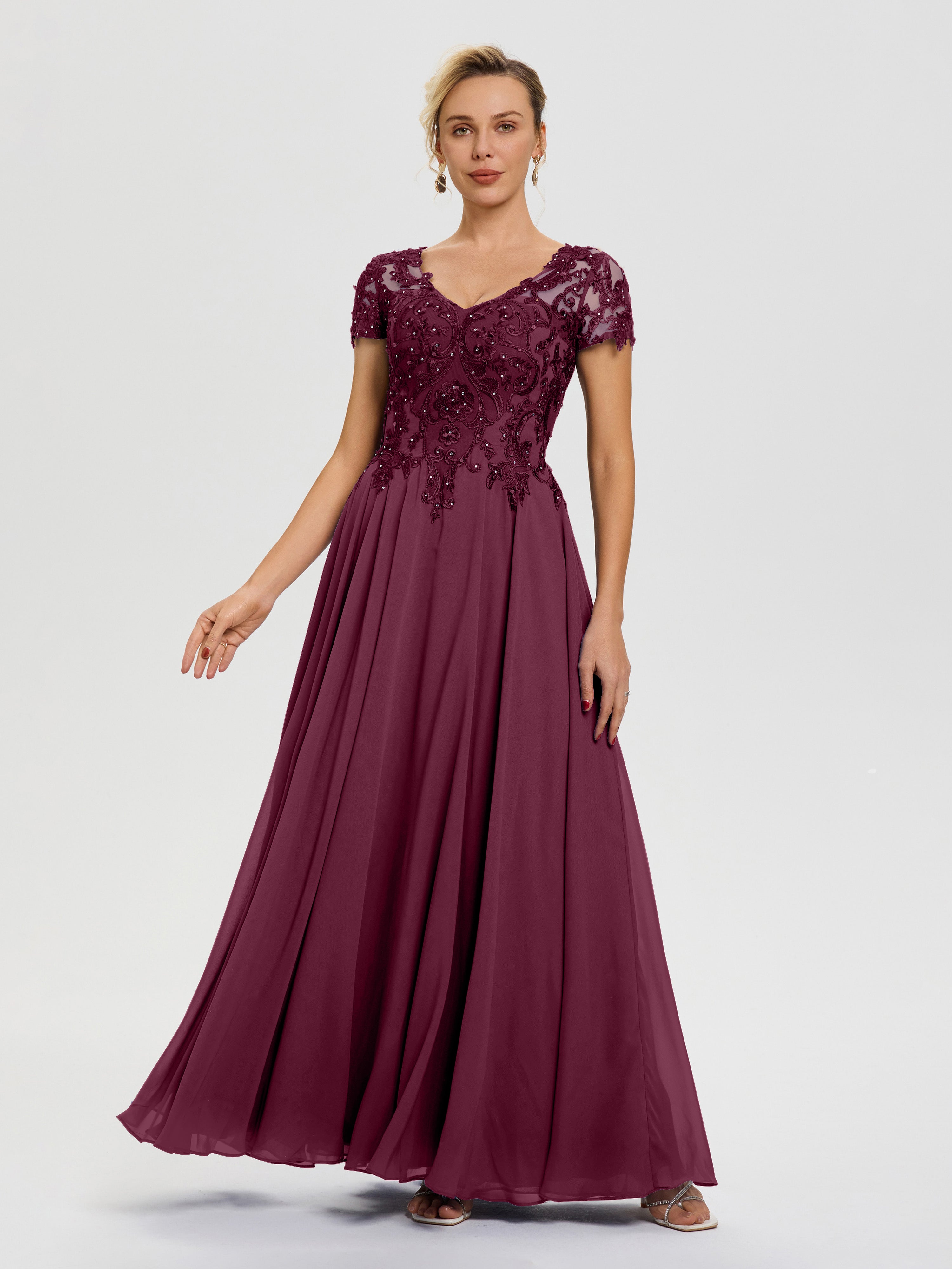 Robe Pour Mère De La Mariée Mûre Col V Mousseline & Dentelle Robe Mère De La Mariée Moderne