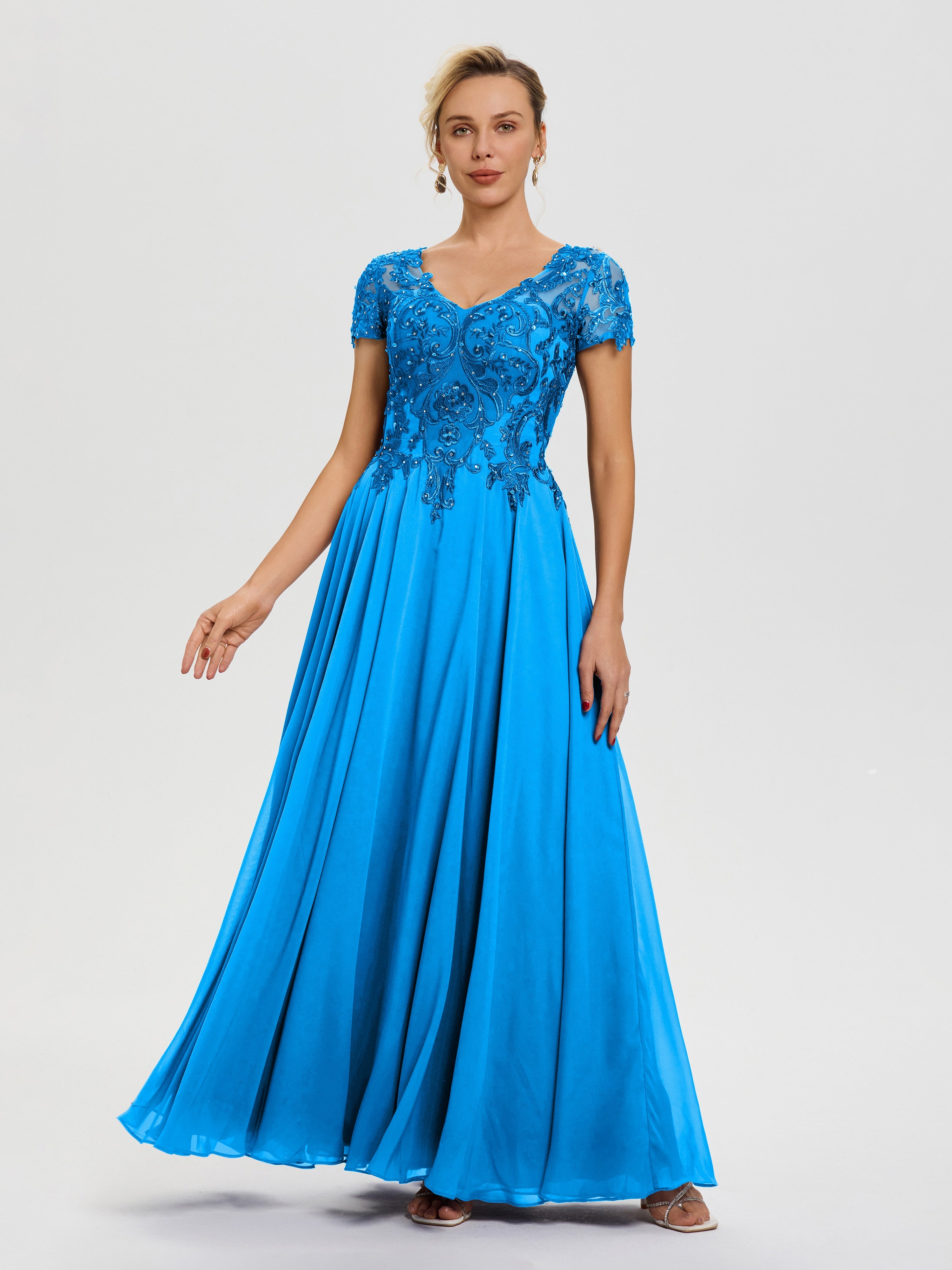 Robe Pour La Mère De La Mariée Bleu Océan Col V Mousseline & Dentelle Robe Mère De La Mariée Moderne