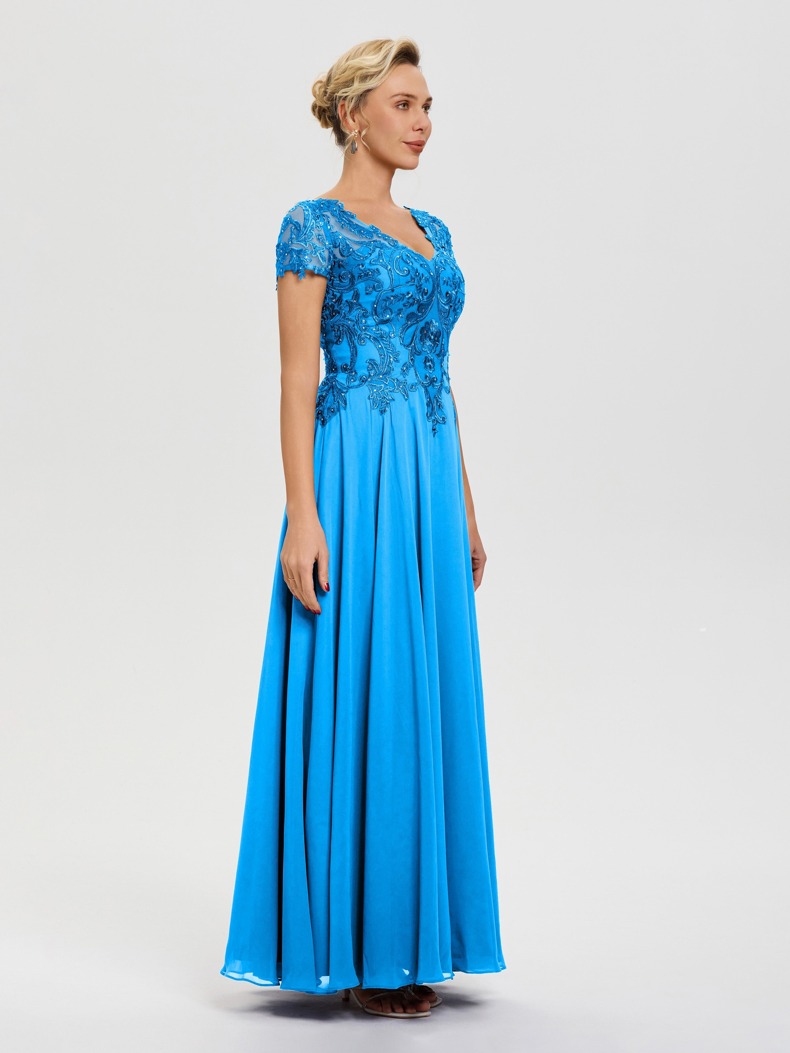 Robe Pour La Mère De La Mariée Bleu Océan Col V Mousseline & Dentelle Robe Mère De La Mariée Moderne