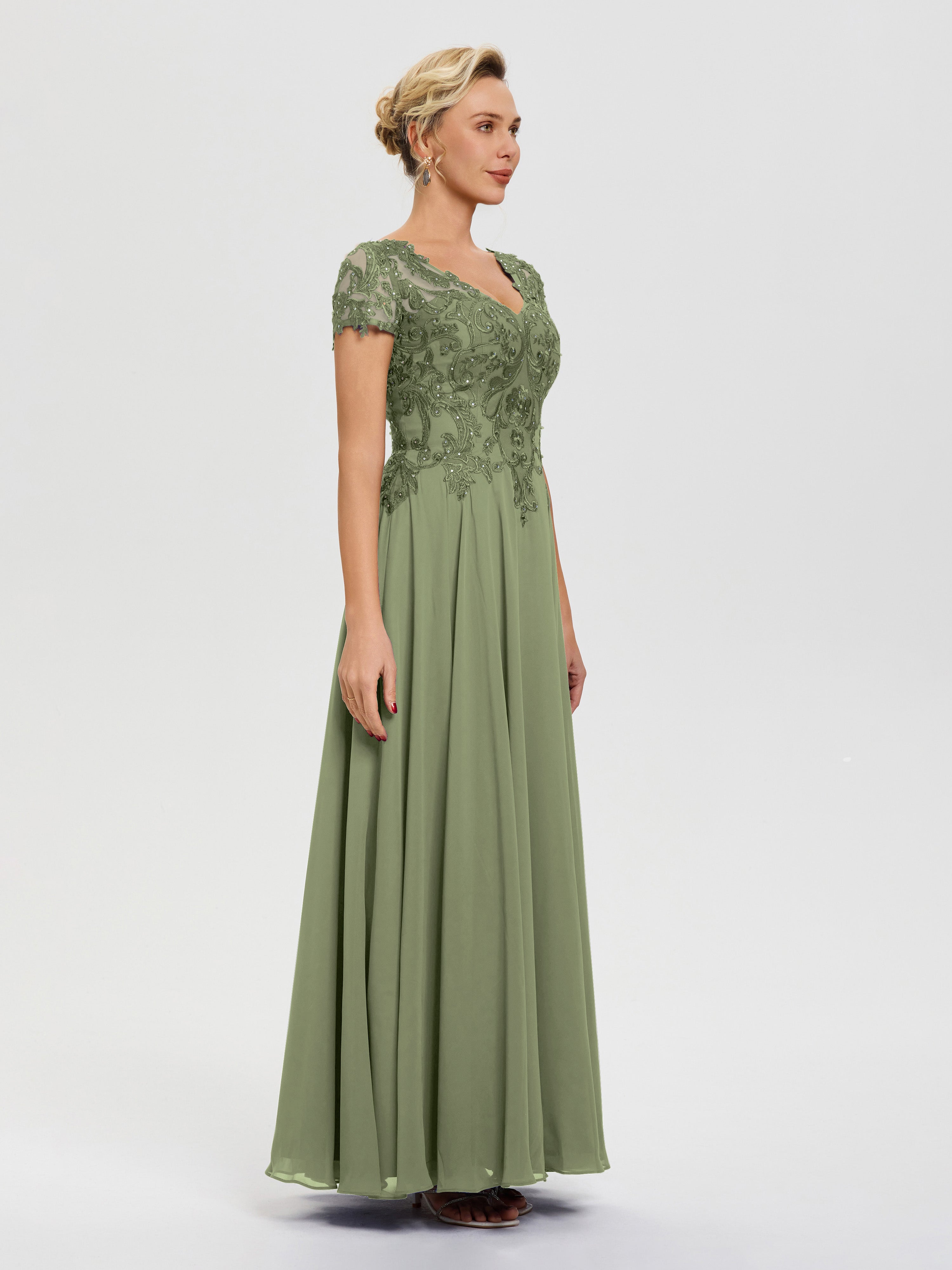 Robe Cérémonie Mère Du Marié Vert Olive Col V Mousseline & Dentelle Robe Mère De La Mariée Moderne