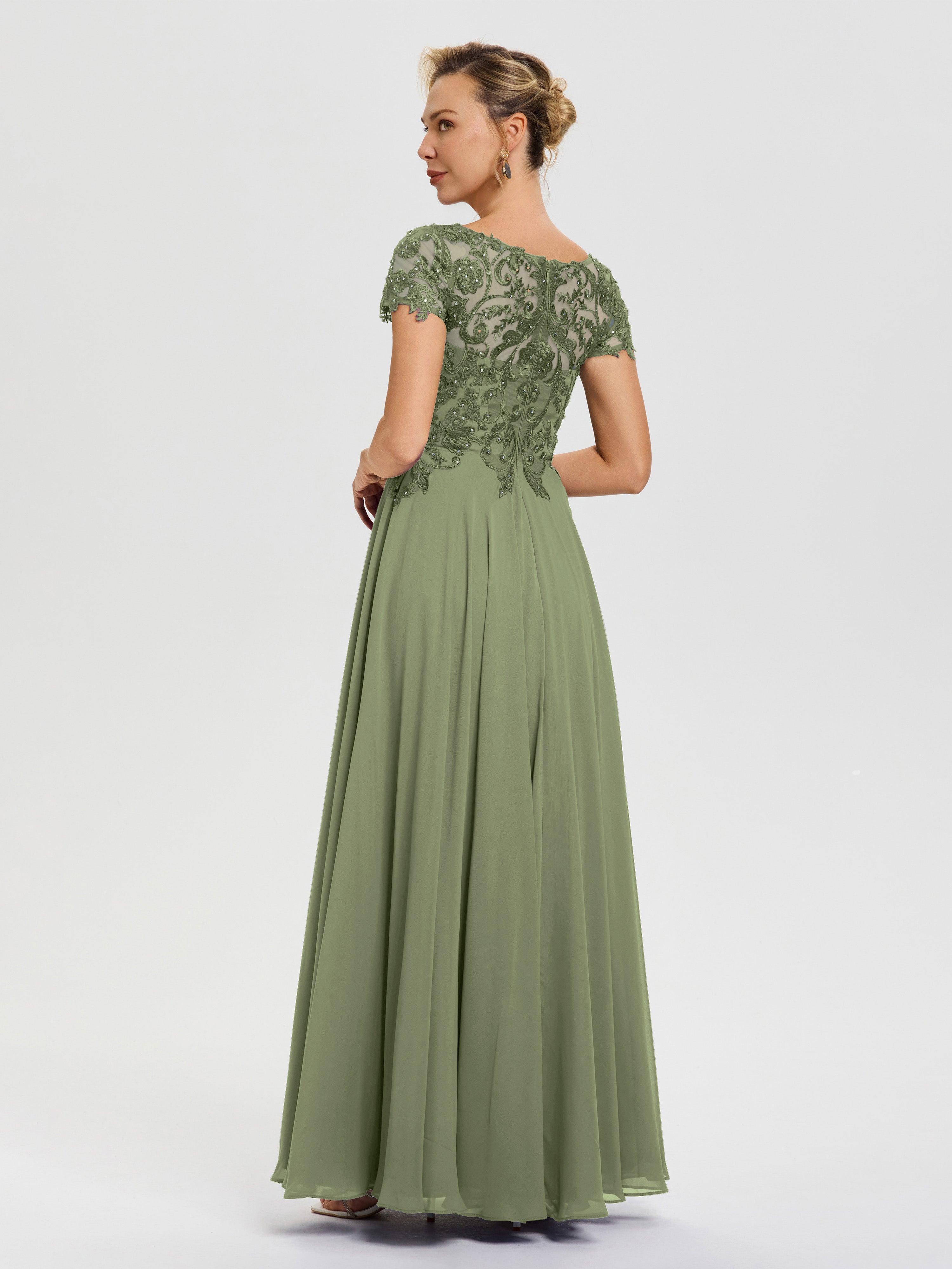 Robe Cérémonie Mère Du Marié Vert Olive Col V Mousseline & Dentelle Robe Mère De La Mariée Moderne
