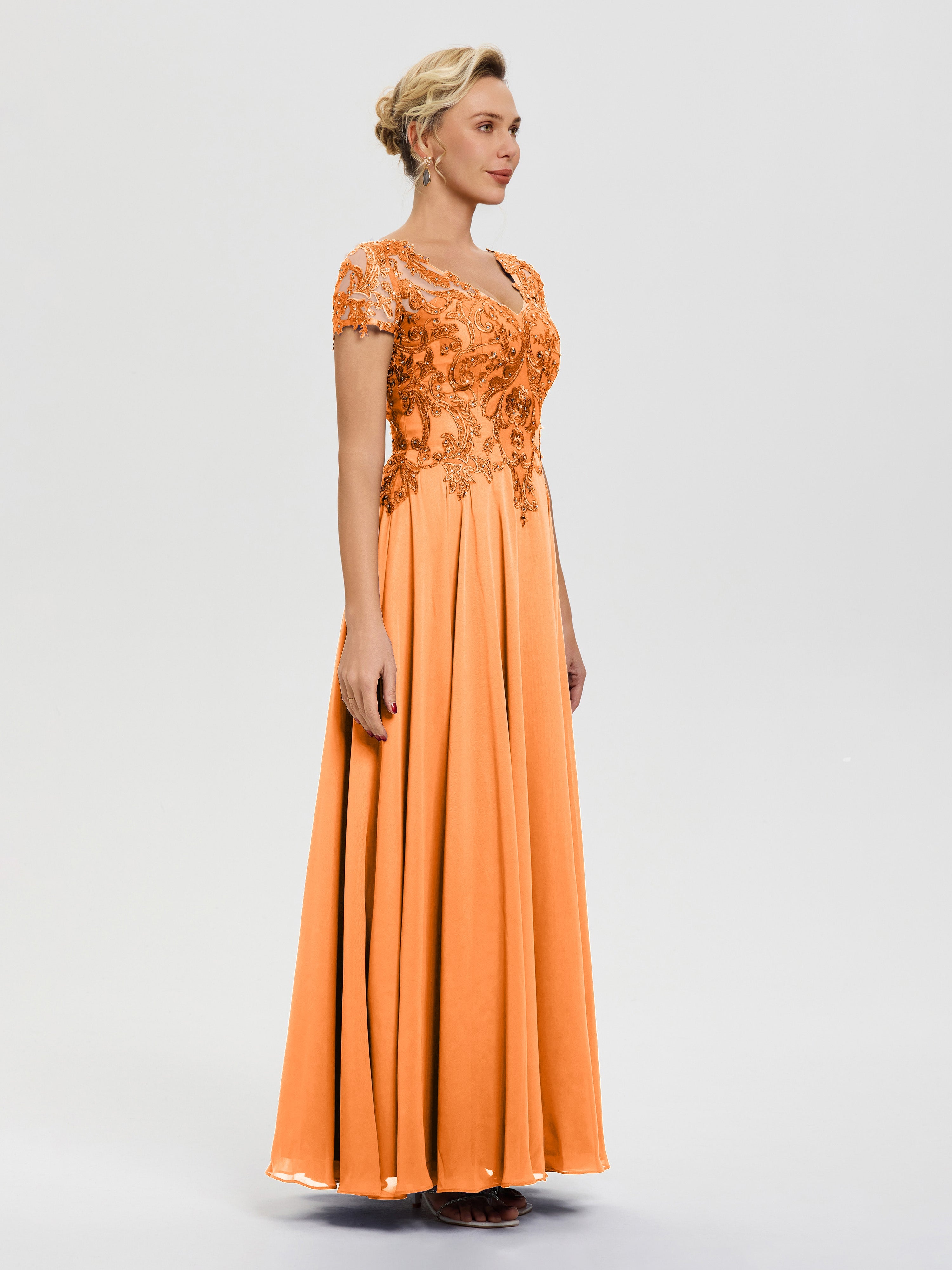 Robe Pour Mère De La Mariée Orange Col V Mousseline & Dentelle Robe Mère De La Mariée Moderne