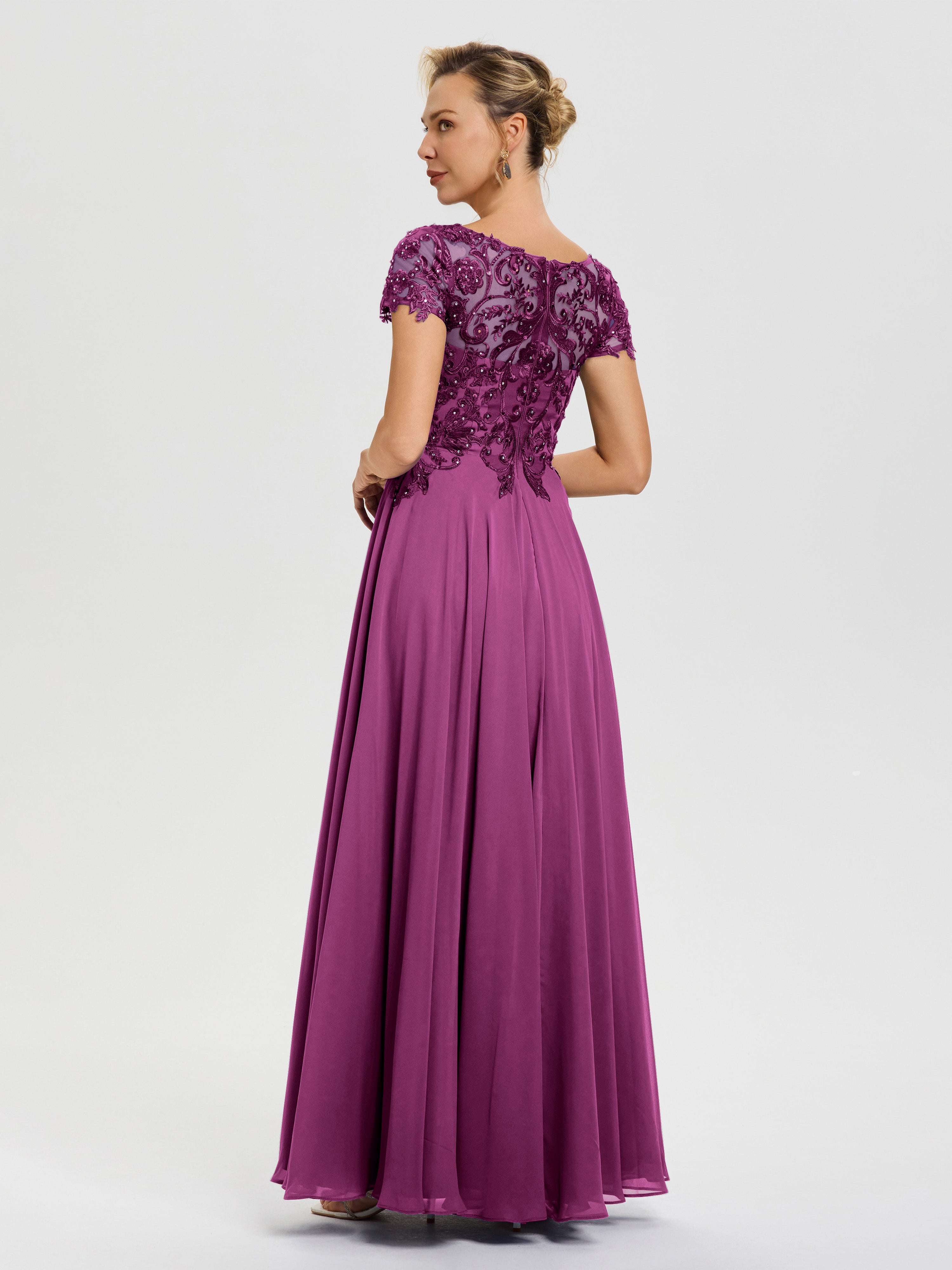 Robe Pour Mère De Mariée Orchidée Col V Mousseline & Dentelle Robe Mère De La Mariée Moderne