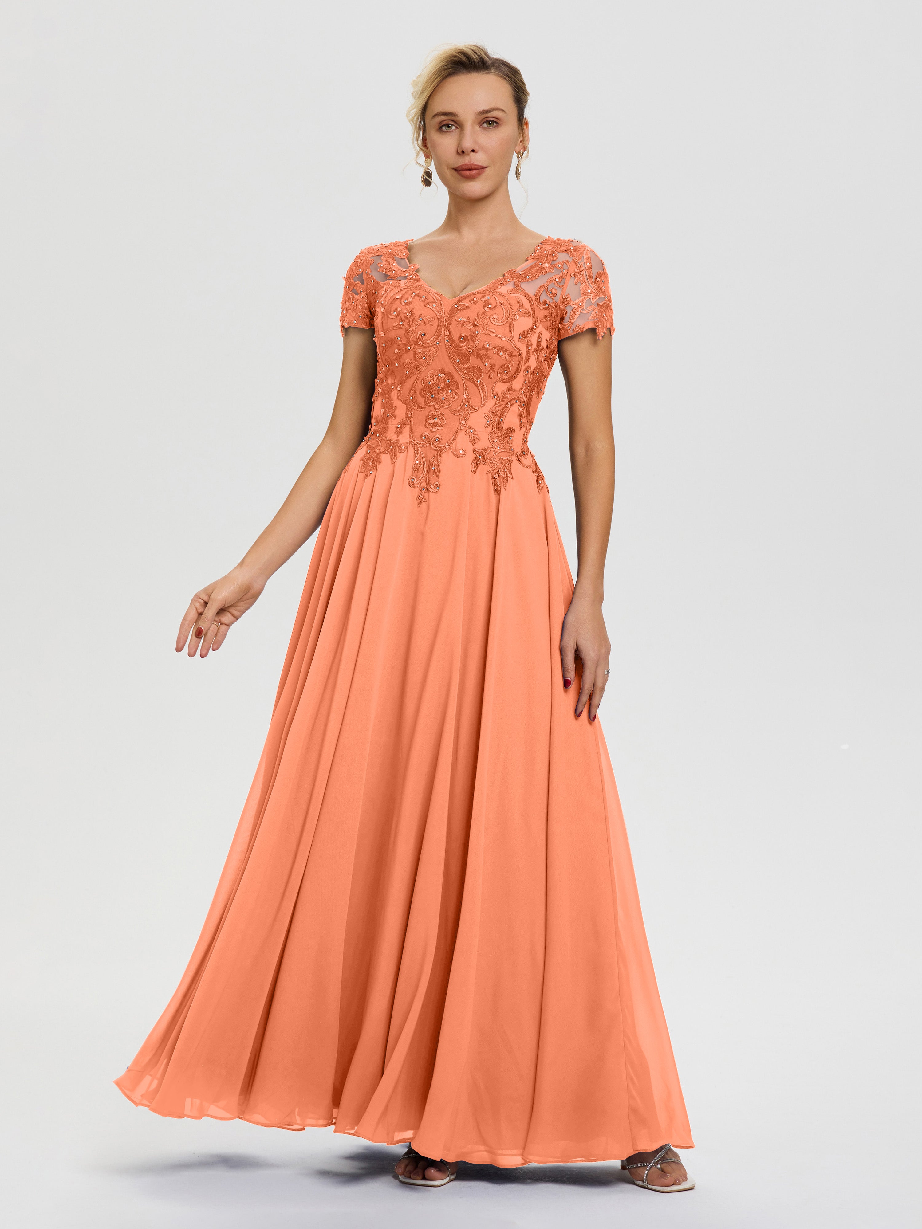 Robe Pour Mère De Mariée Papaye Col V Mousseline & Dentelle Robe Mère De La Mariée Moderne