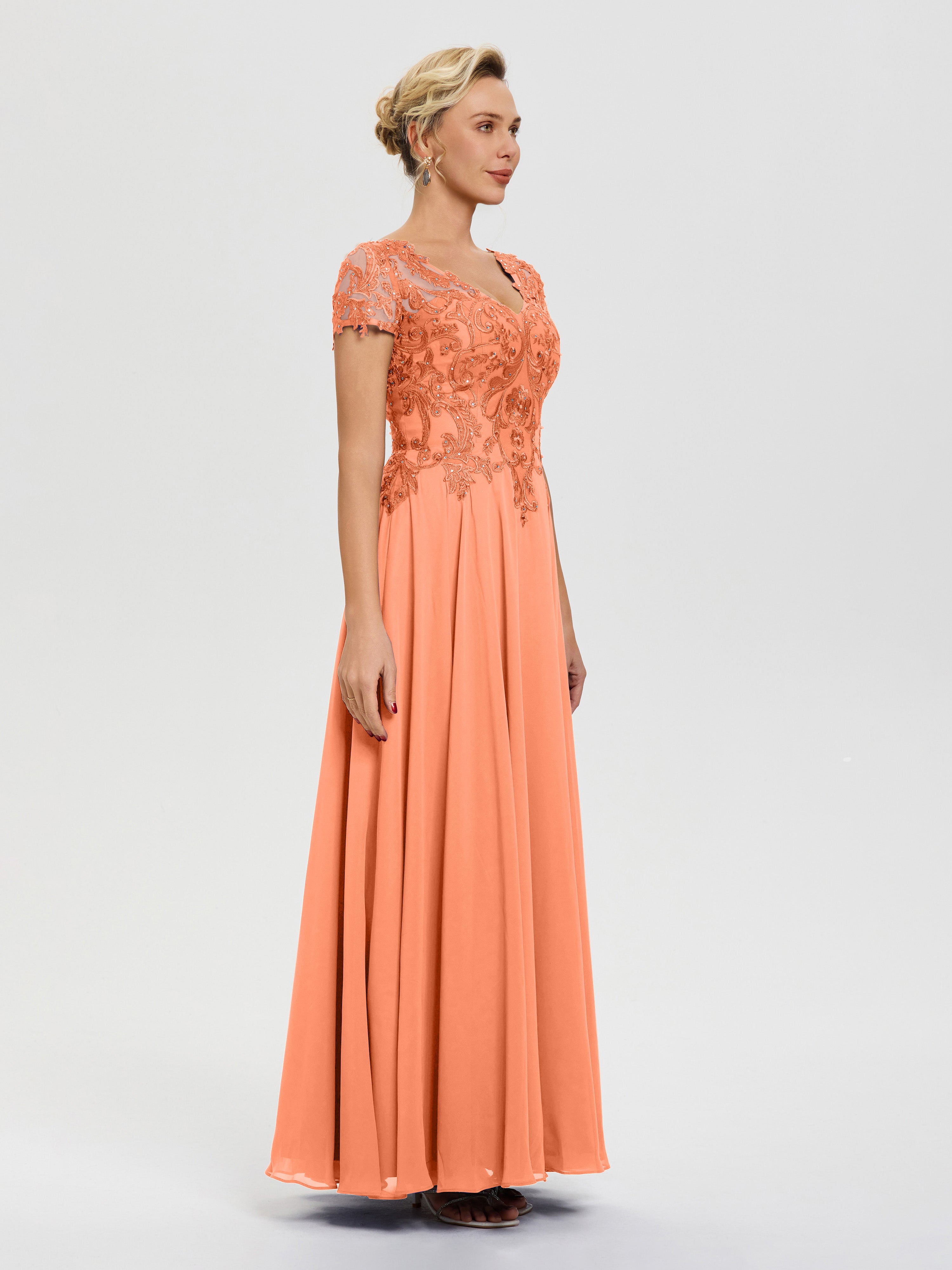 Robe Pour Mère De Mariée Papaye Col V Mousseline & Dentelle Robe Mère De La Mariée Moderne