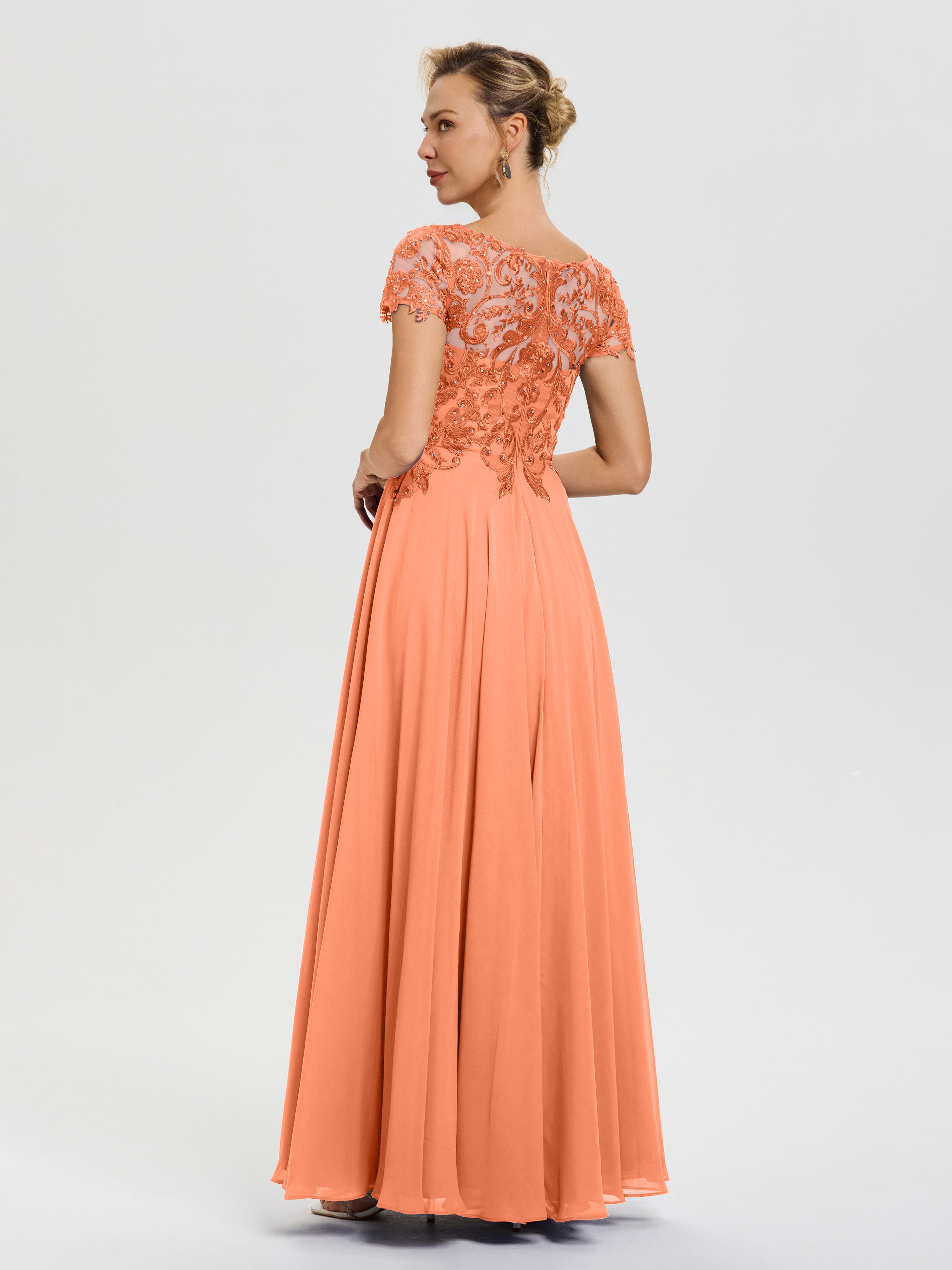 Robe Pour Mère De Mariée Papaye Col V Mousseline & Dentelle Robe Mère De La Mariée Moderne