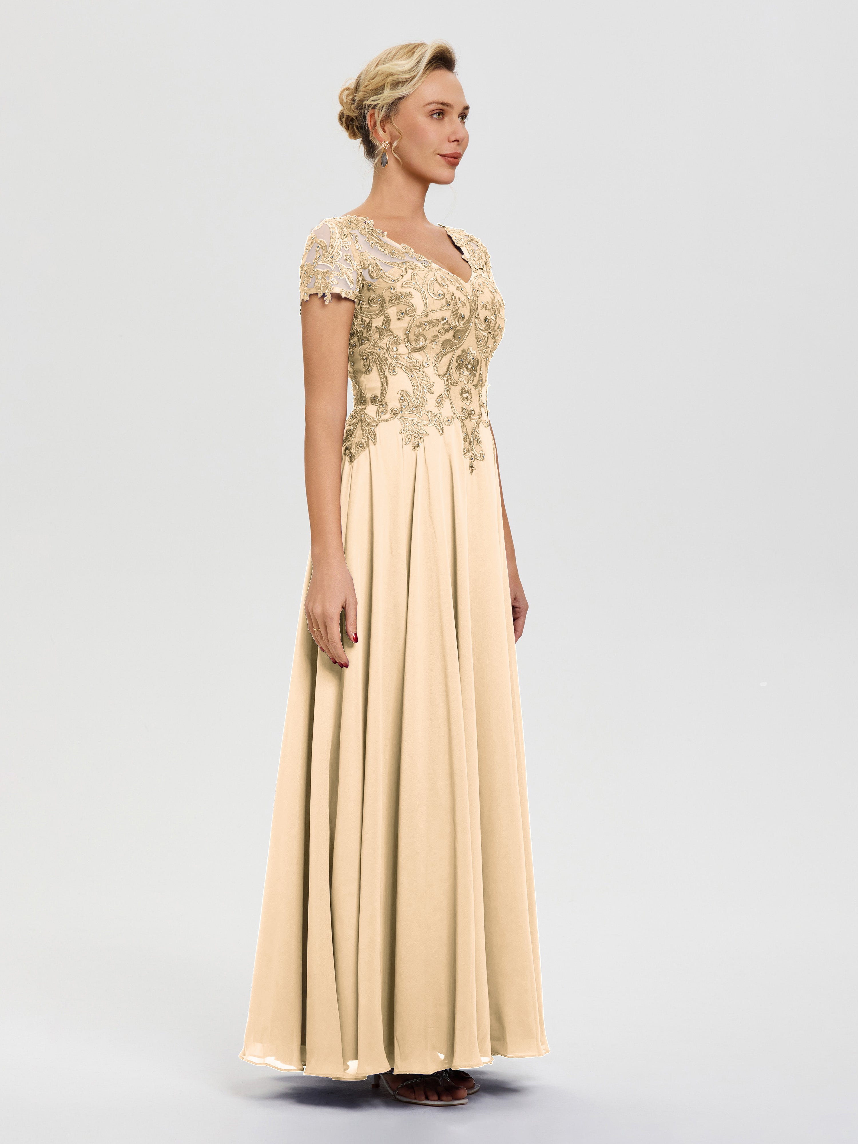 Robe Mère De La Mariee Pêche Col V Mousseline & Dentelle Robe Mère De La Mariée Moderne