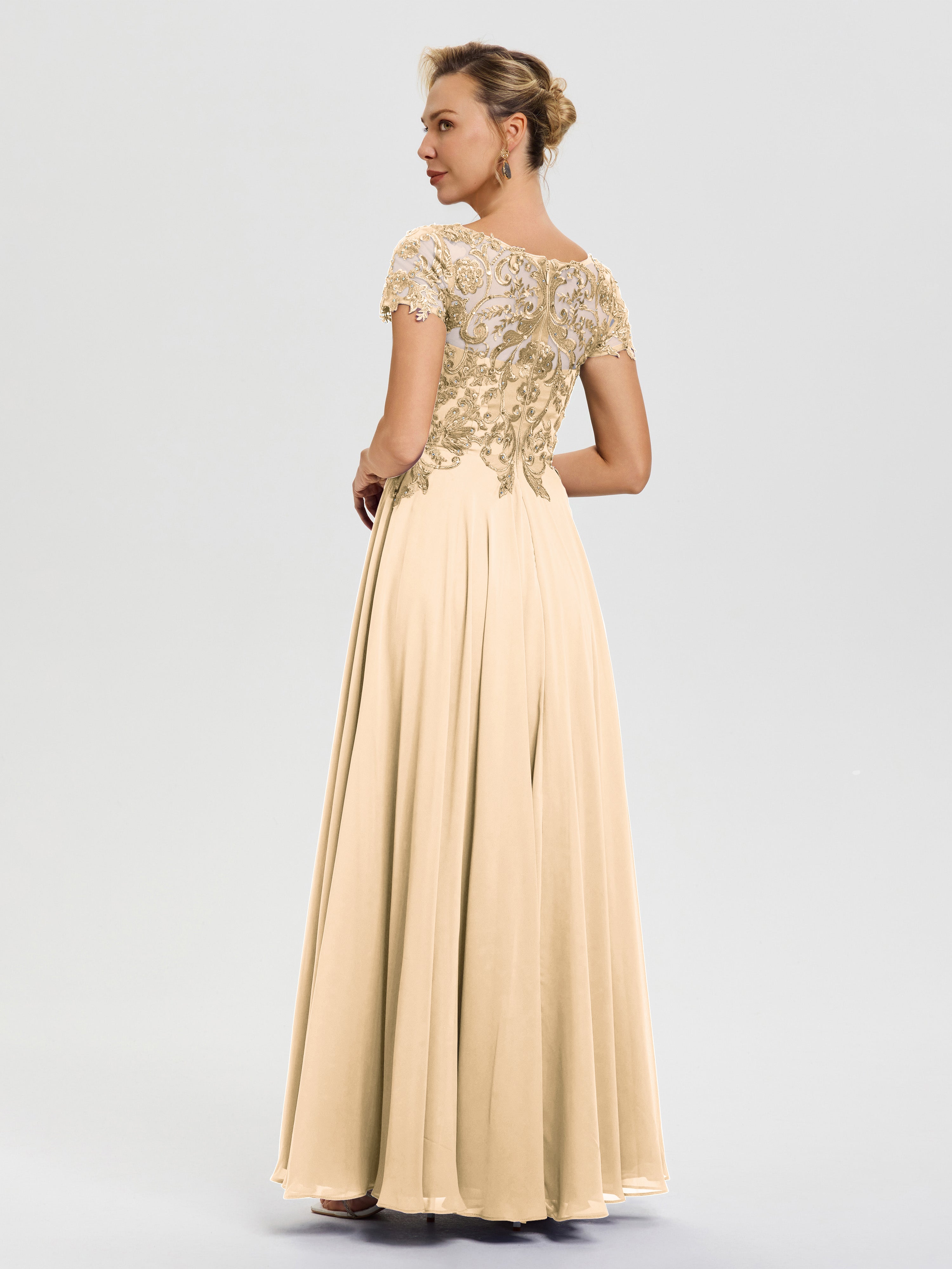 Robe Mère De La Mariee Pêche Col V Mousseline & Dentelle Robe Mère De La Mariée Moderne