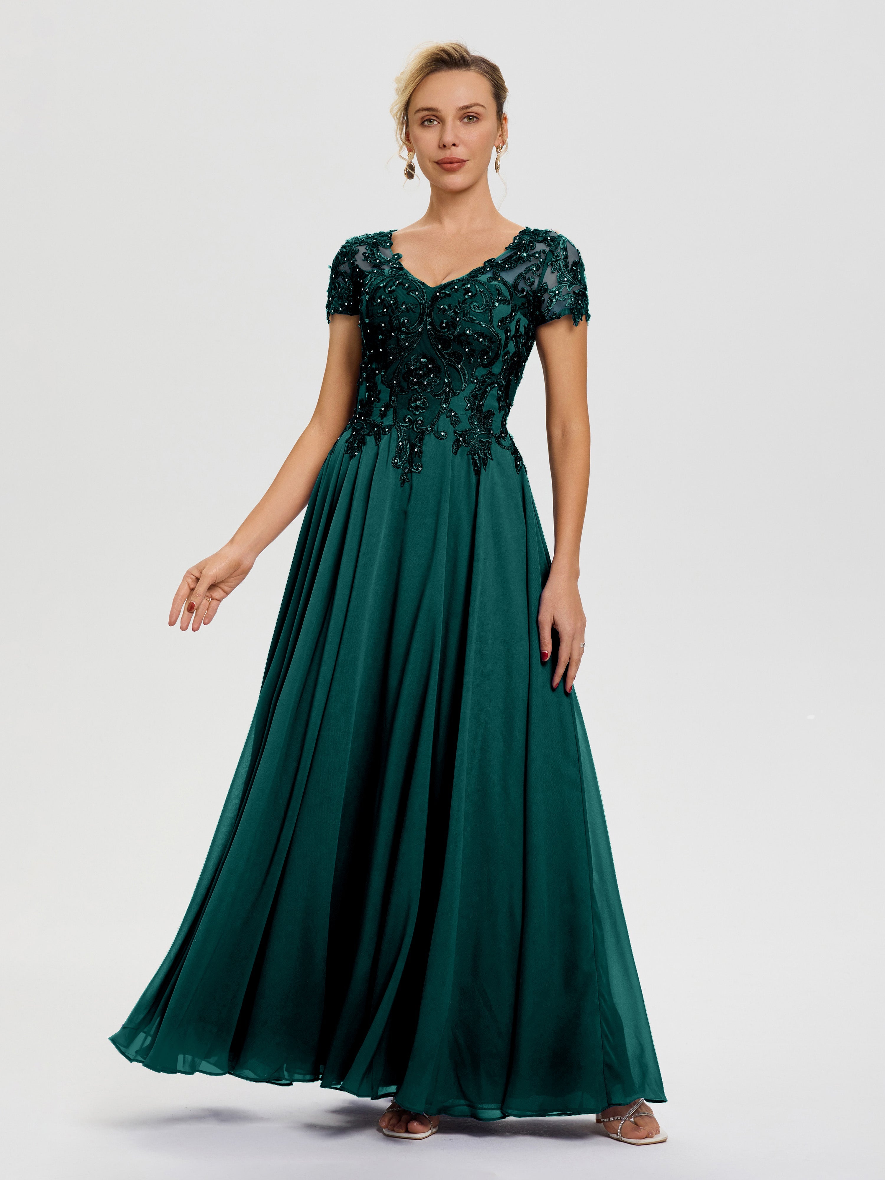 Robe Pour Mère De Mariée Paon Col V Mousseline & Dentelle Robe Mère De La Mariée Moderne