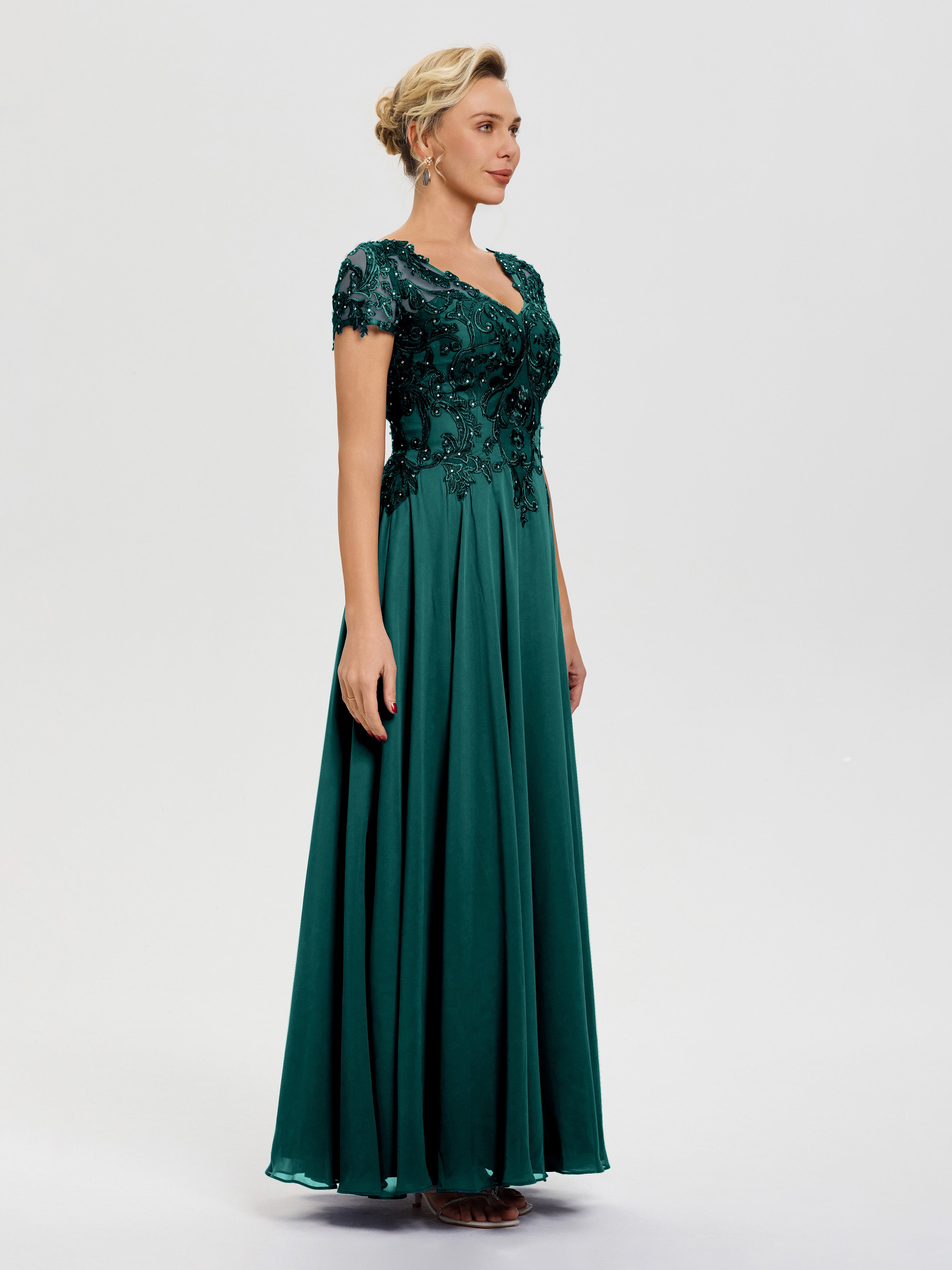 Robe Pour Mère De Mariée Paon Col V Mousseline & Dentelle Robe Mère De La Mariée Moderne