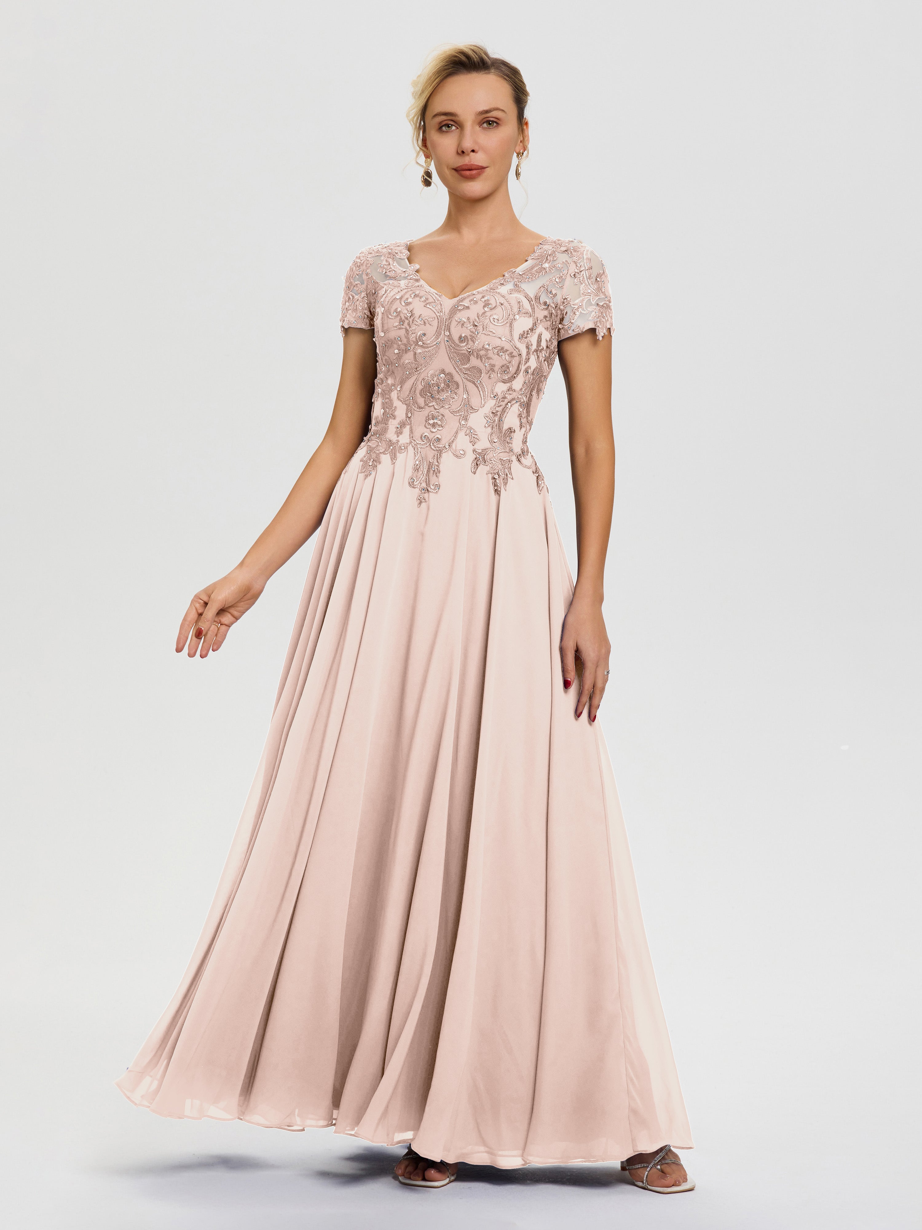 Robe Pour Mère De Mariée Rose Perle Col V Mousseline & Dentelle Robe Mère De La Mariée Moderne