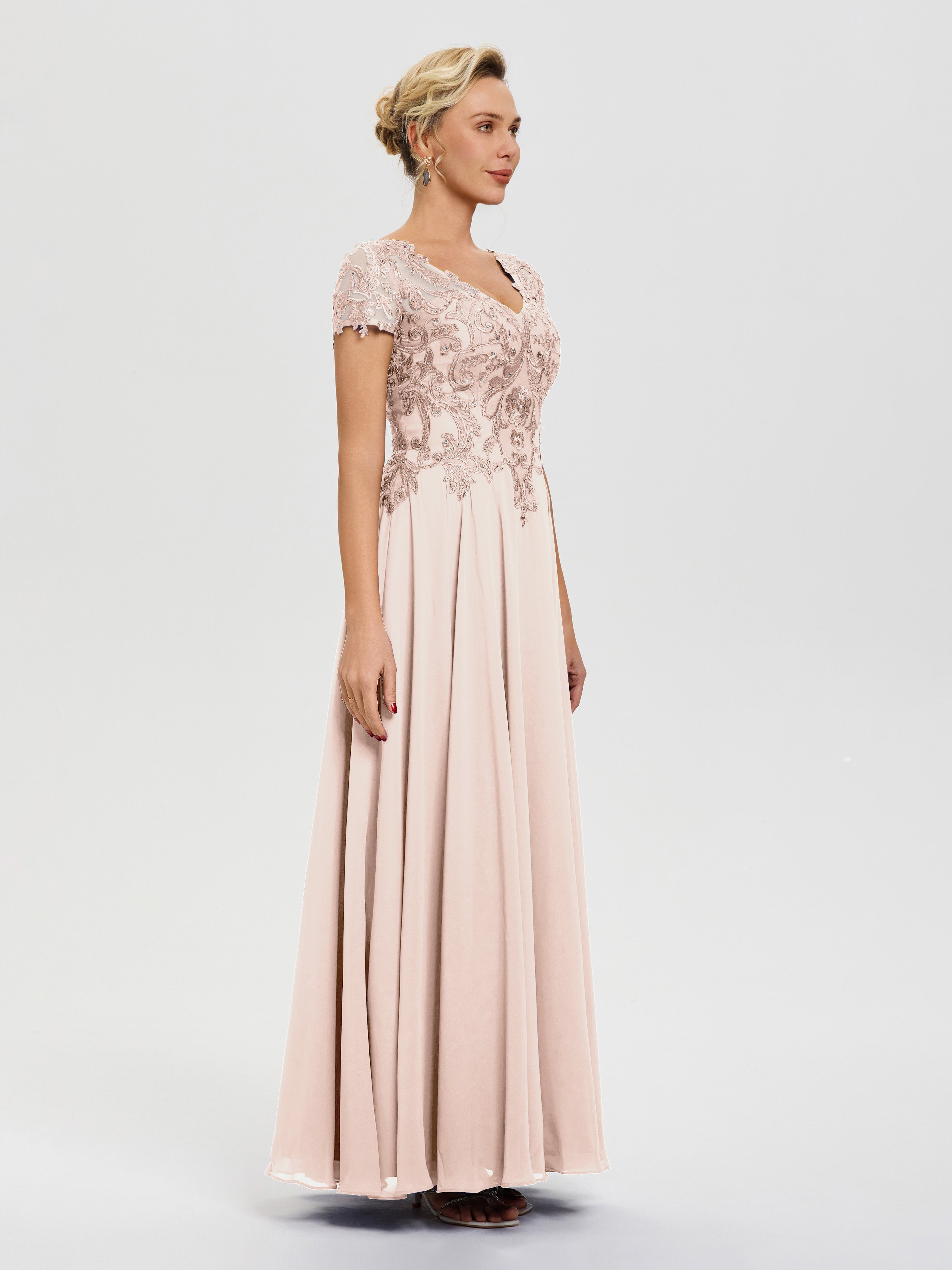 Robe Pour Mère De Mariée Rose Perle Col V Mousseline & Dentelle Robe Mère De La Mariée Moderne