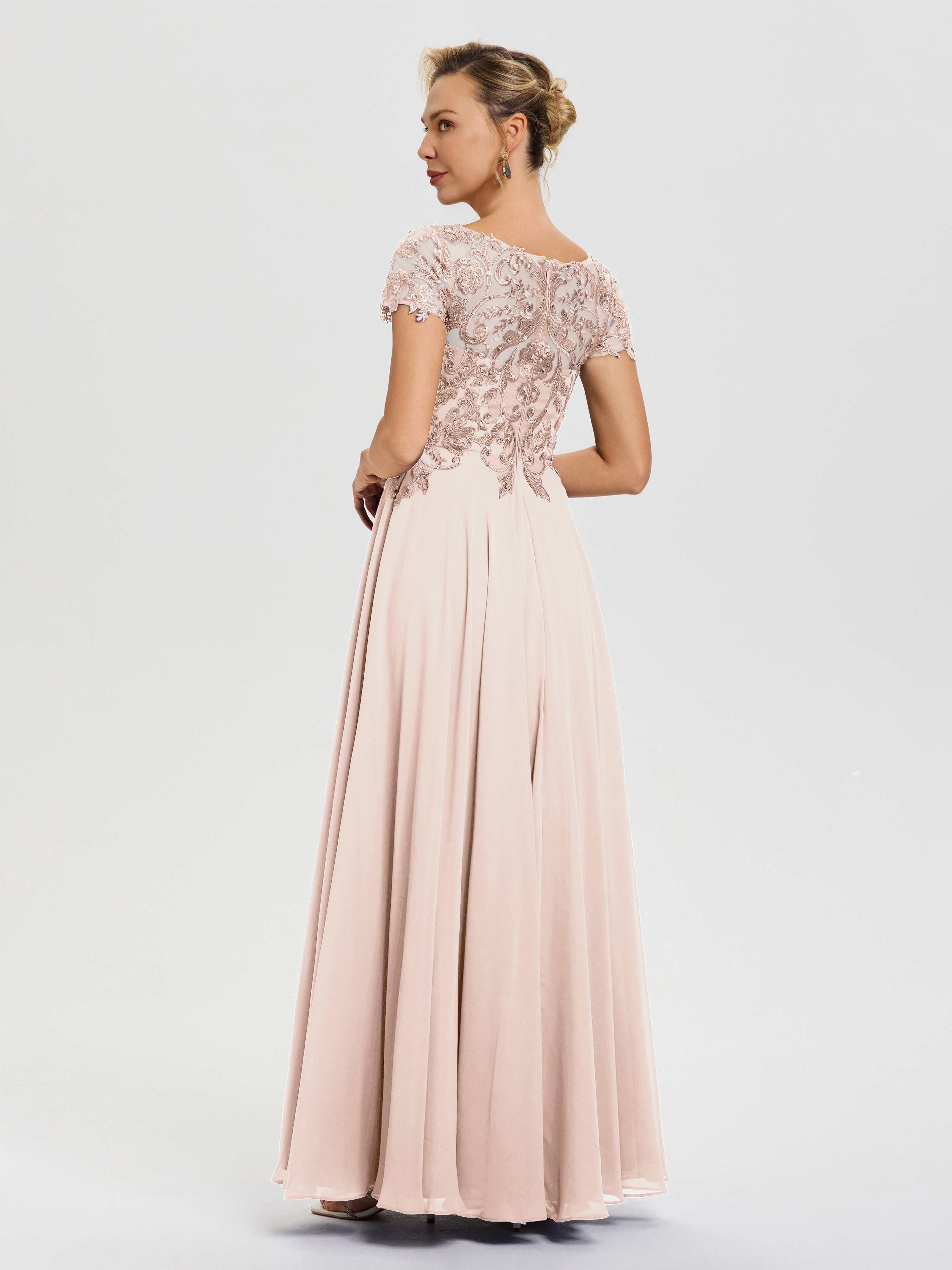 Robe Pour Mère De Mariée Rose Perle Col V Mousseline & Dentelle Robe Mère De La Mariée Moderne