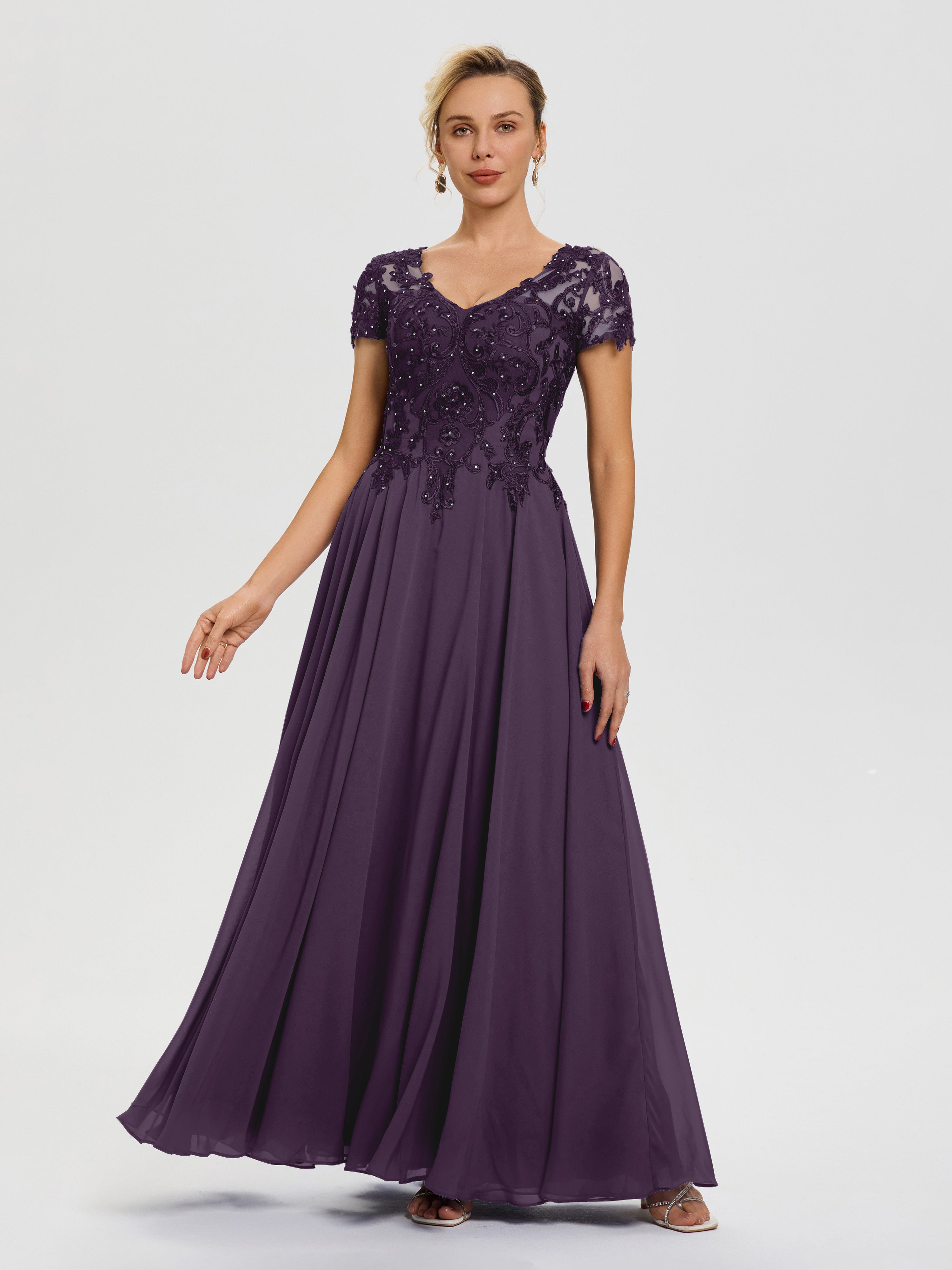Robe Pour Mère De Mariée Plum Col V Mousseline & Dentelle Robe Mère De La Mariée Moderne