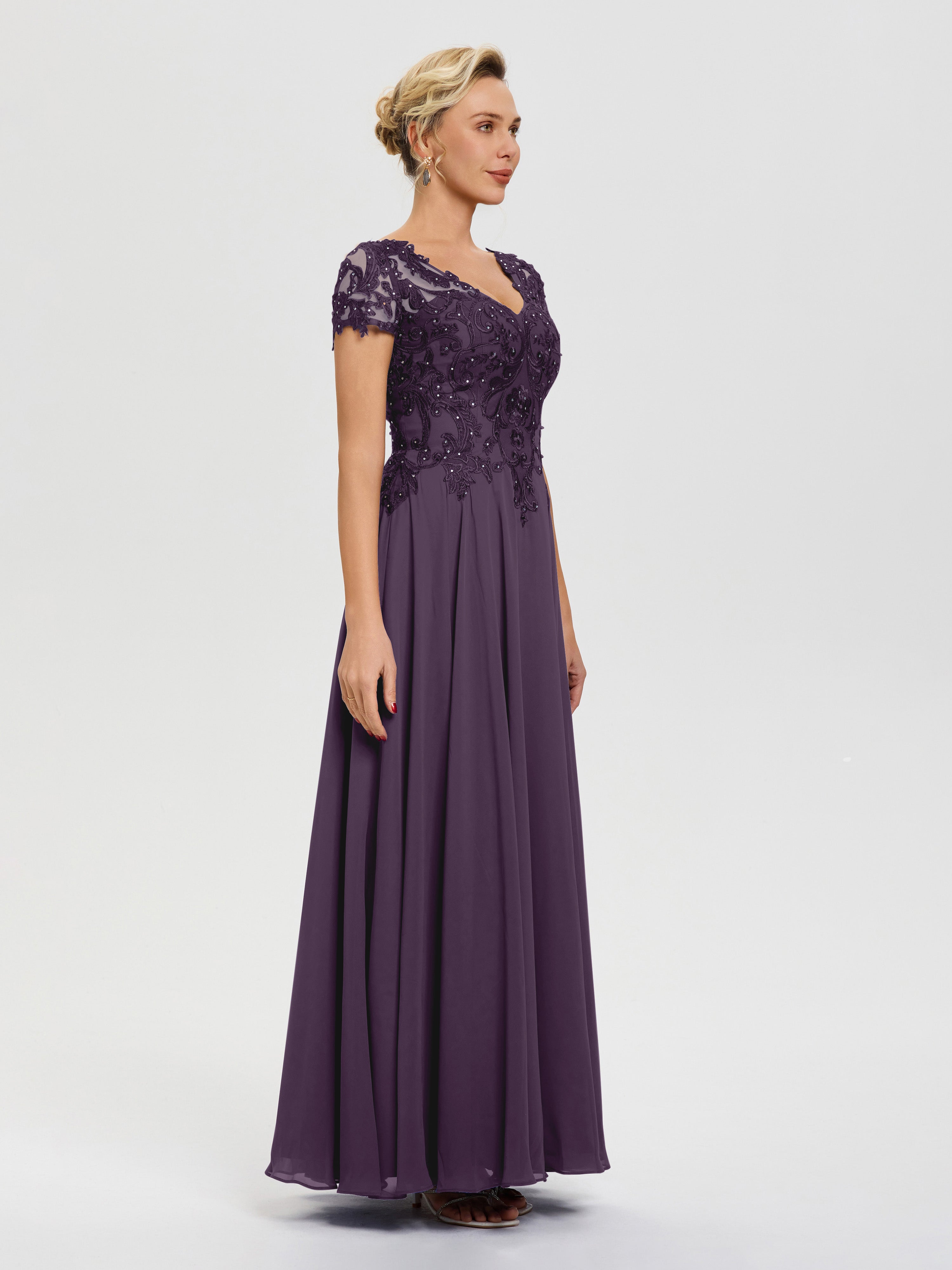 Robe Pour Mère De Mariée Plum Col V Mousseline & Dentelle Robe Mère De La Mariée Moderne