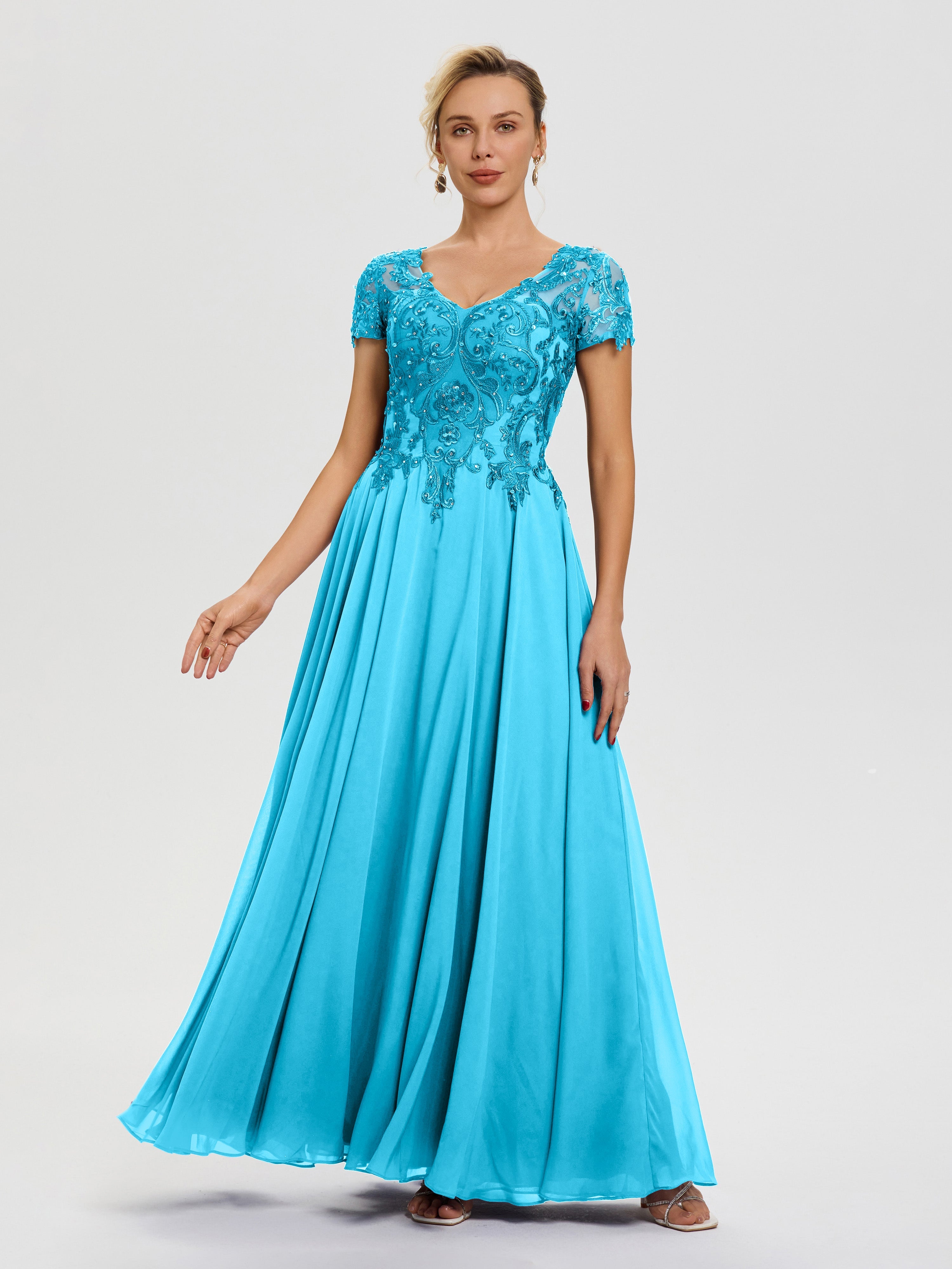 Robe Pour Mère De Mariée Piscine Col V Mousseline & Dentelle Robe Mère De La Mariée Moderne